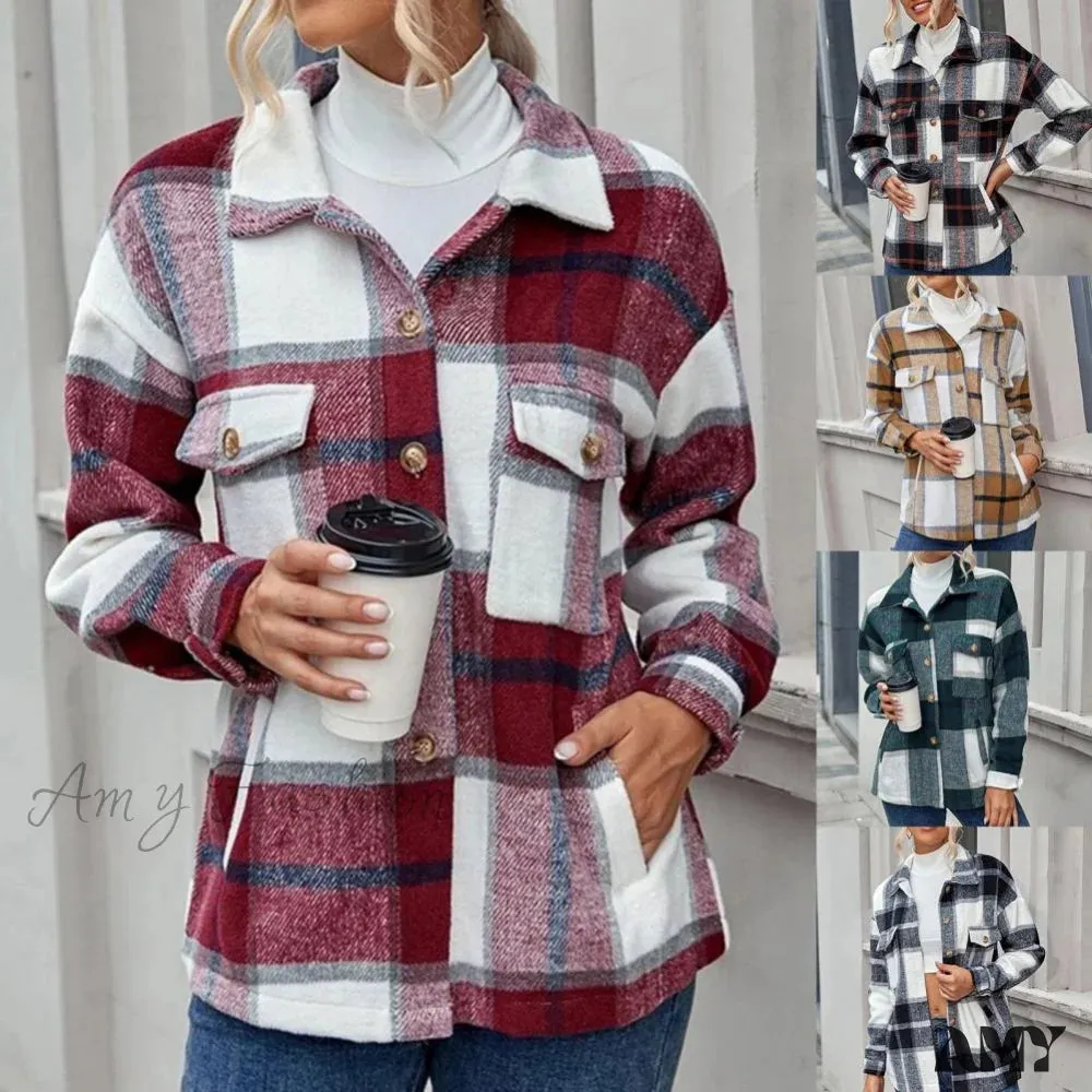 Amy Fashion - Skin-Touch Winter Thick Trendy Plaid Print Buttons Casual Coat