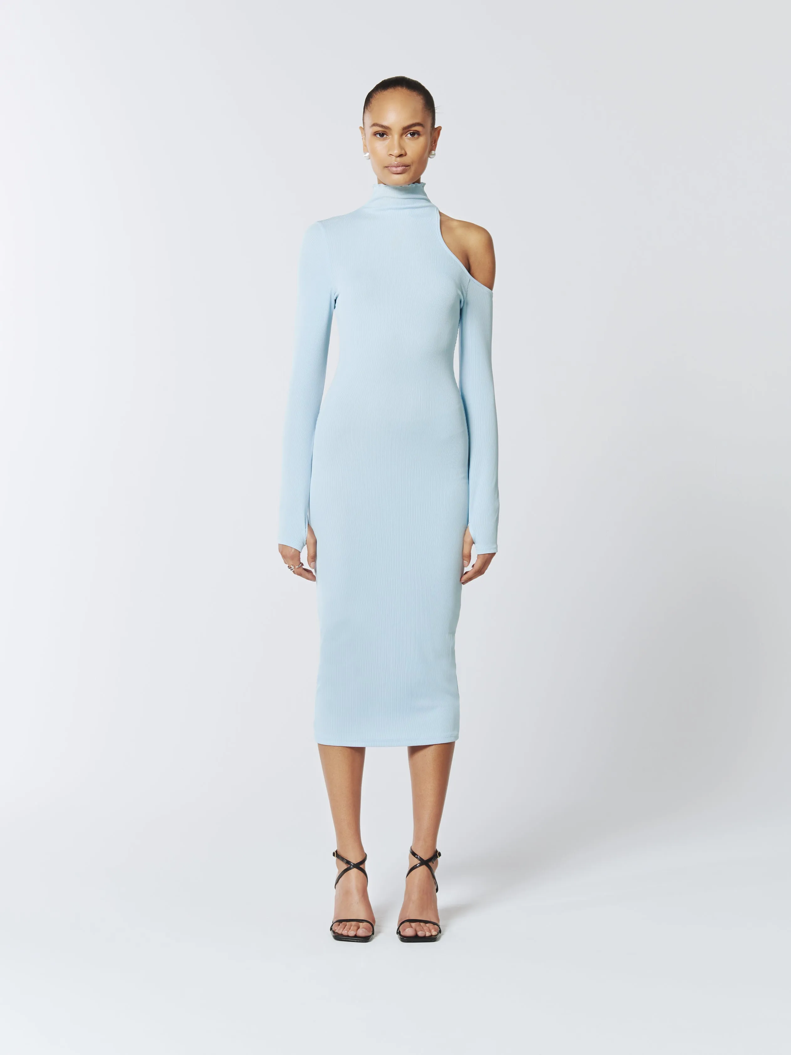 Asymmetric One-Shoulder Cutout Knitted Midi Dress in Baby Blue