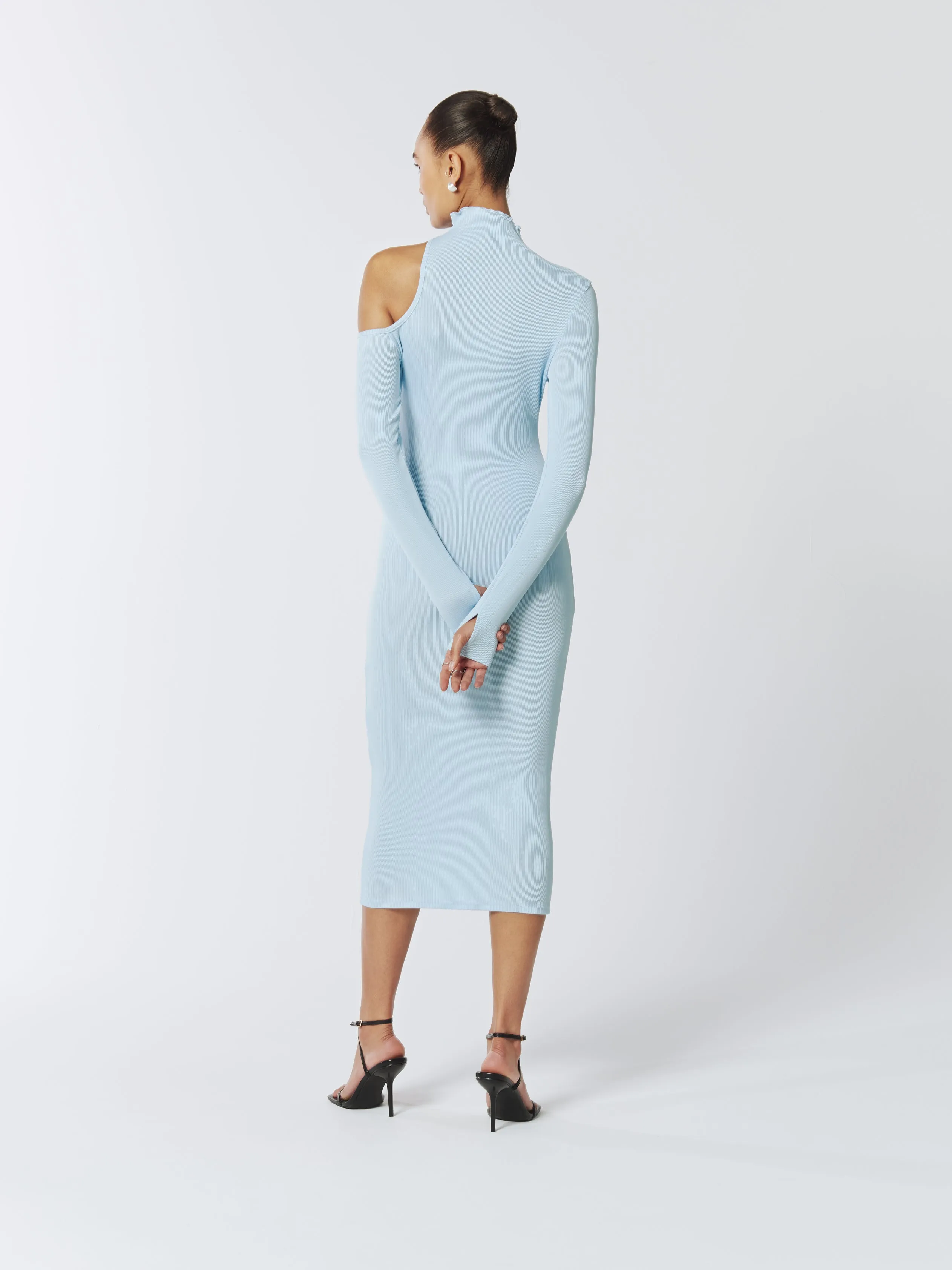 Asymmetric One-Shoulder Cutout Knitted Midi Dress in Baby Blue