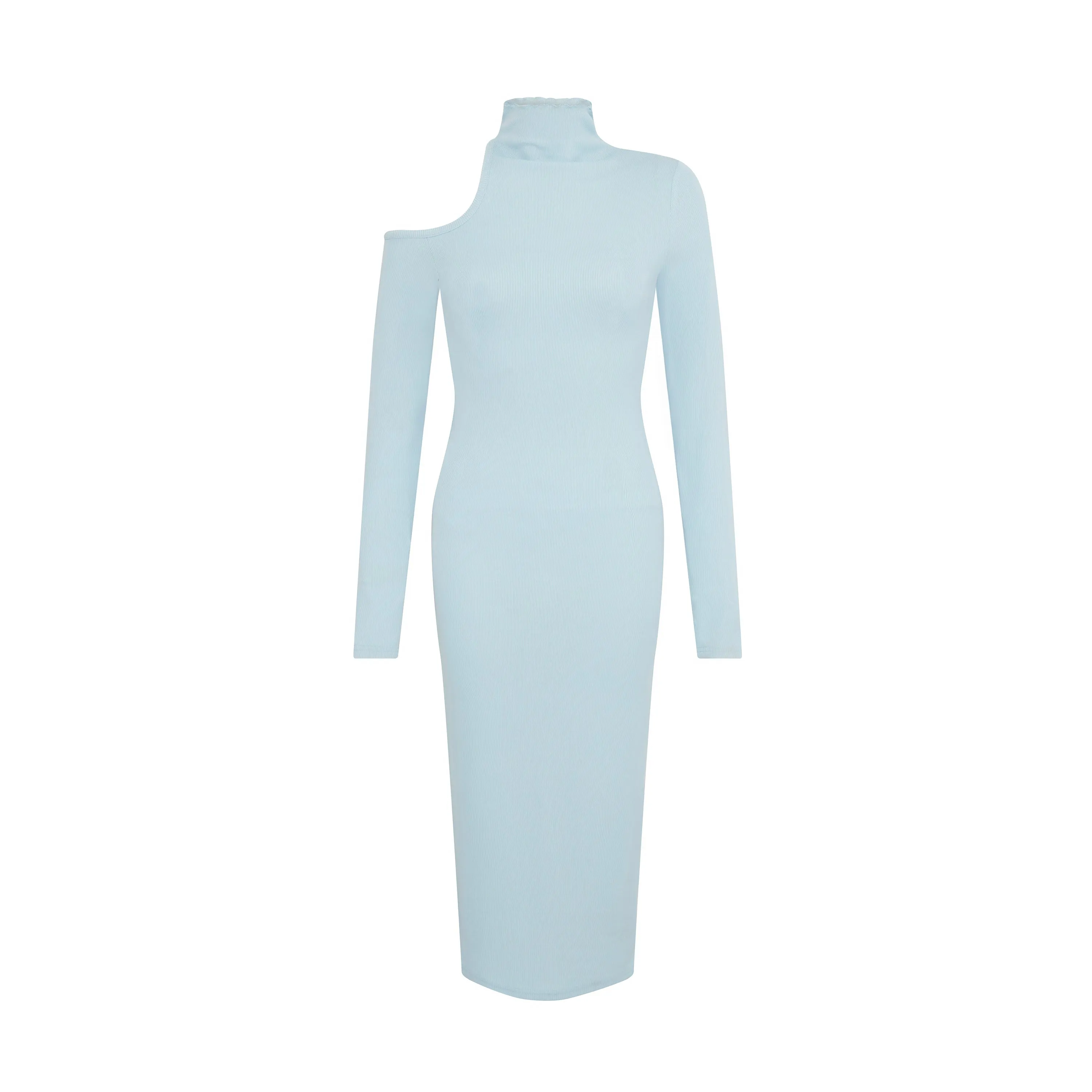 Asymmetric One-Shoulder Cutout Knitted Midi Dress in Baby Blue