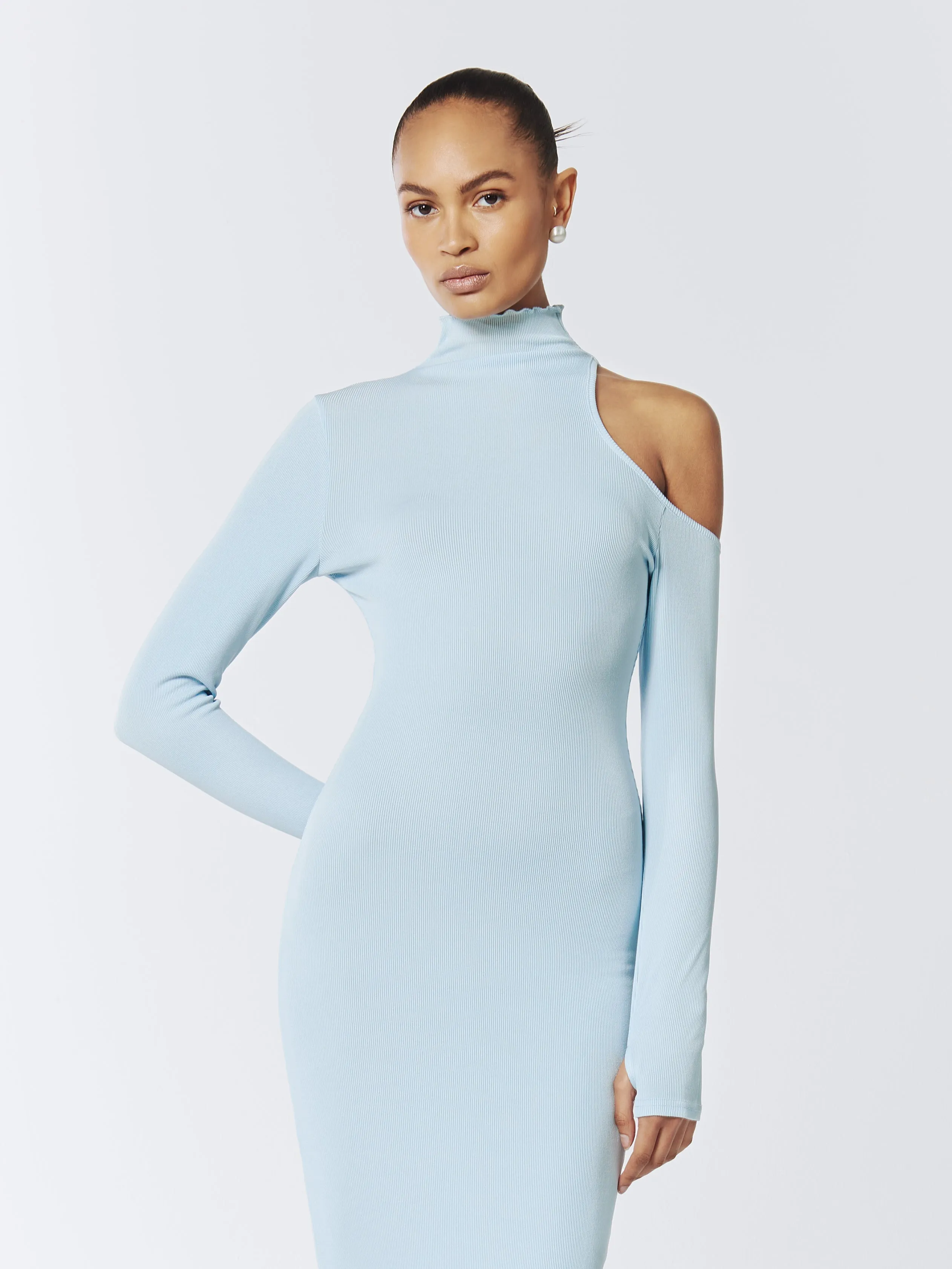 Asymmetric One-Shoulder Cutout Knitted Midi Dress in Baby Blue