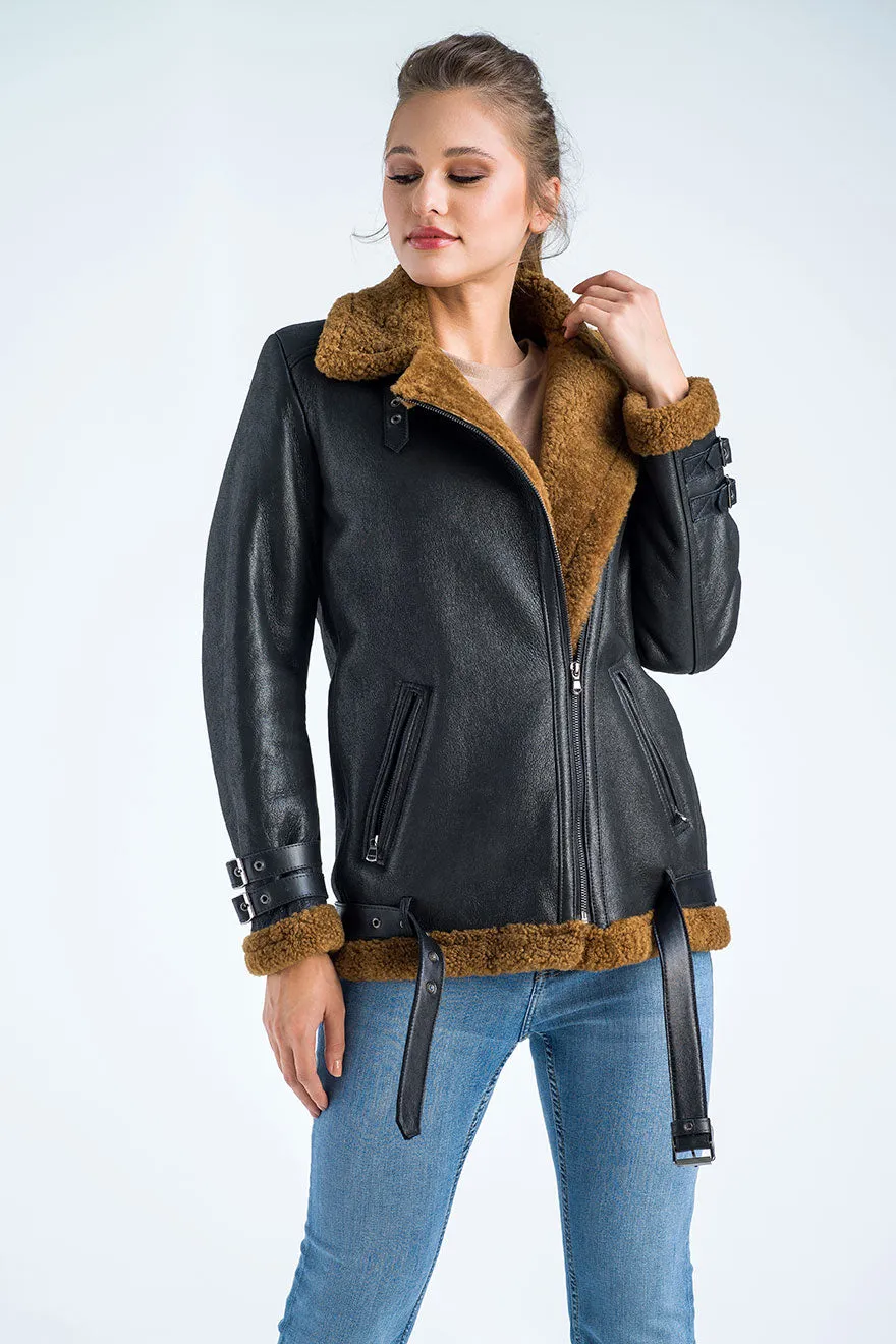 Black Biker Bomber Sheepskin Jacket with Cognac Shearling Fur