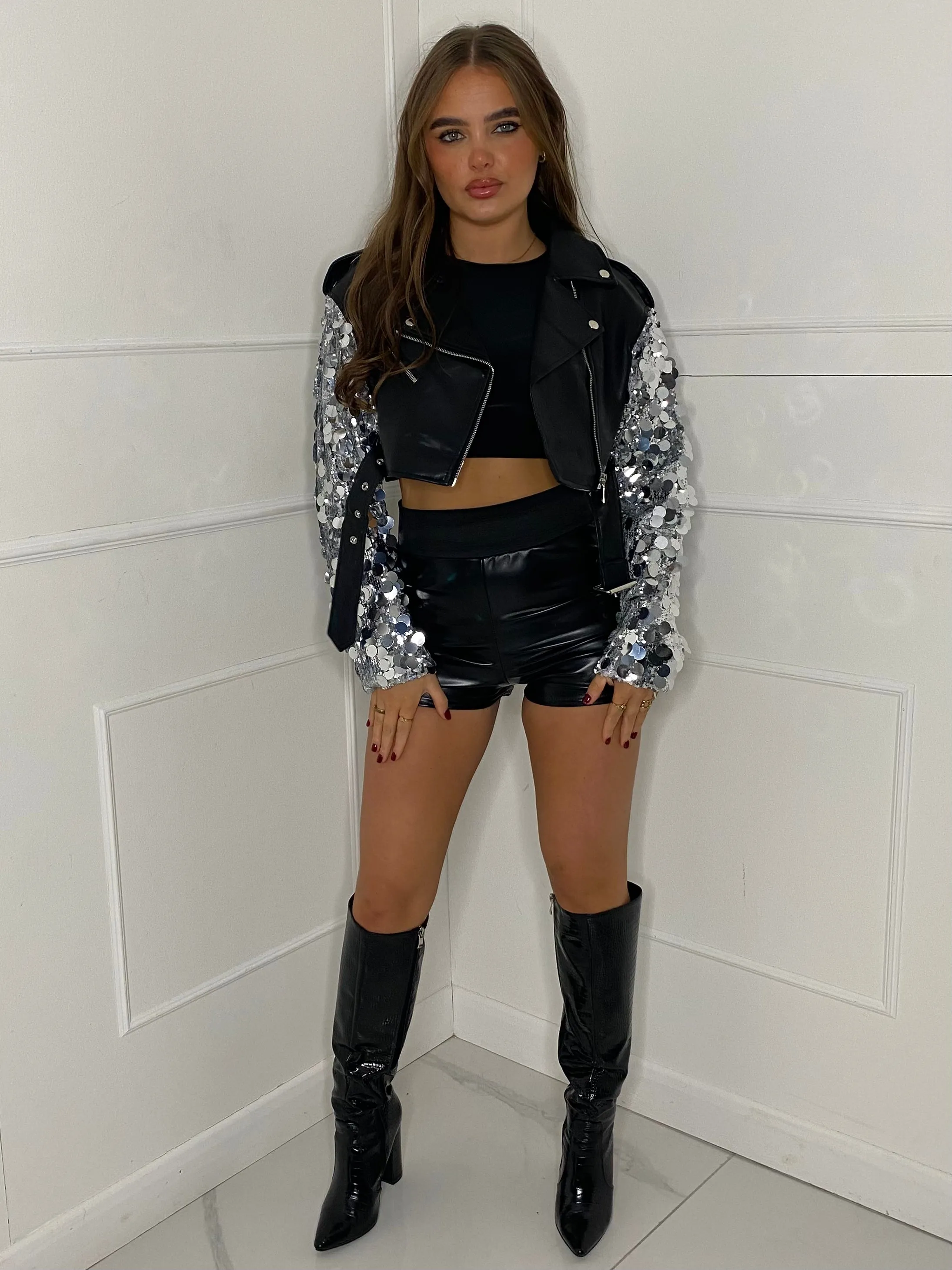 Disc Detail Cropped Leather Jacket - Black/Silver