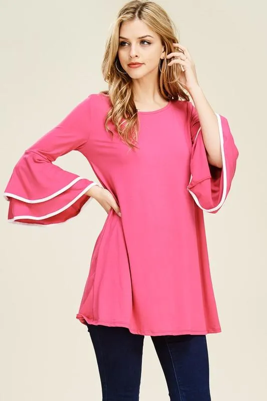 Double Ruffle with Contrast Color Tunic Top - Multiple Colors!