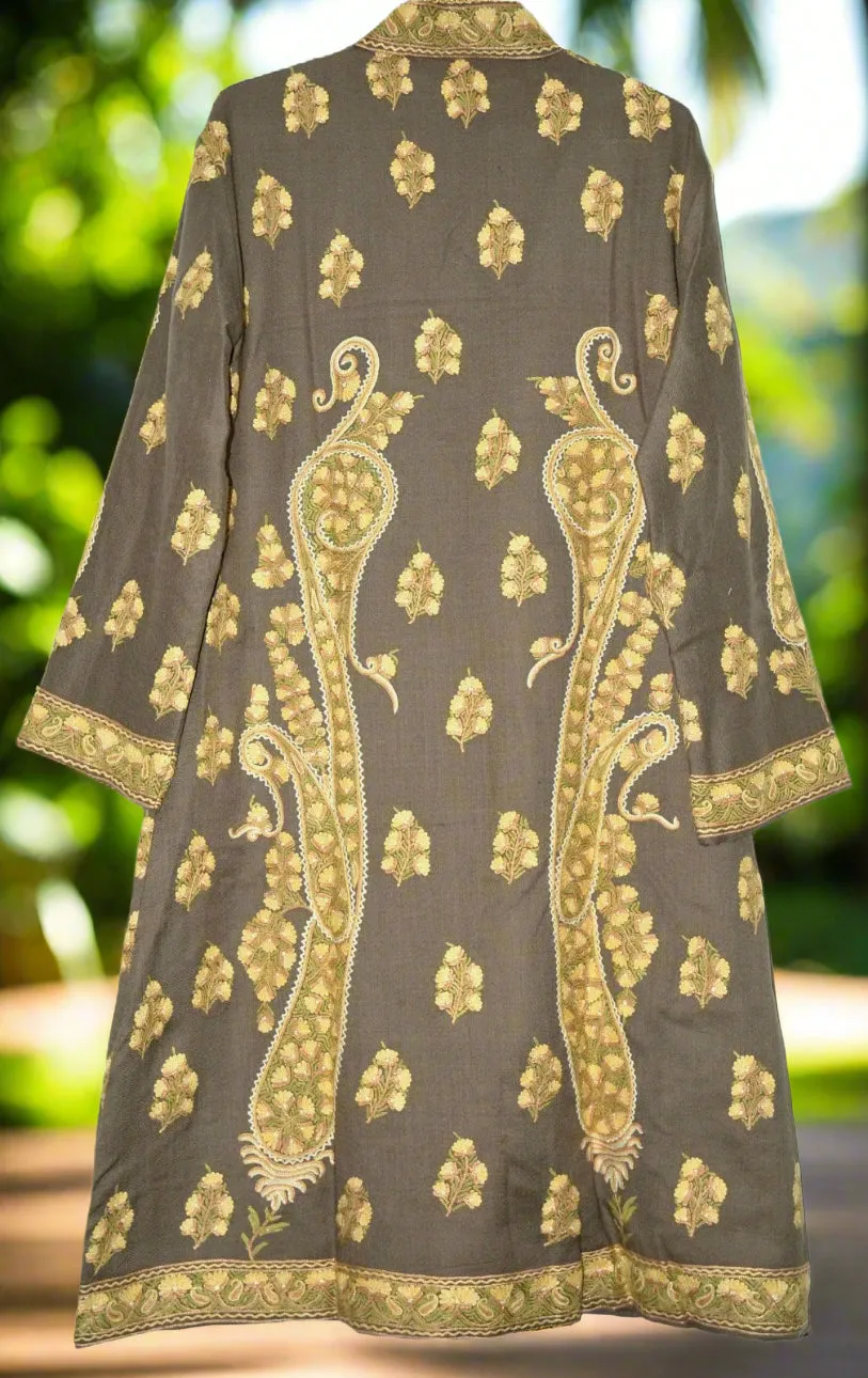 Kashmiri Woolen Coat Beige, Multicolor Embroidery #AO-158