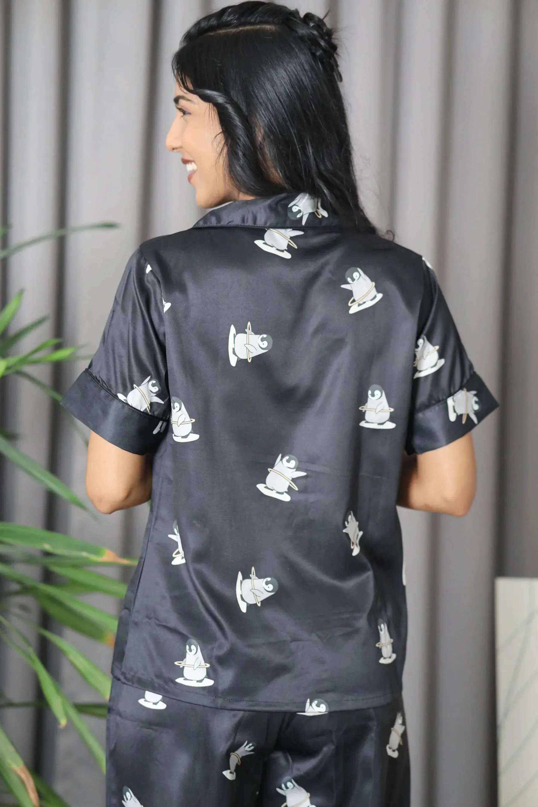 Night Wear Satin Black Color Penguin Printed  Night Suit