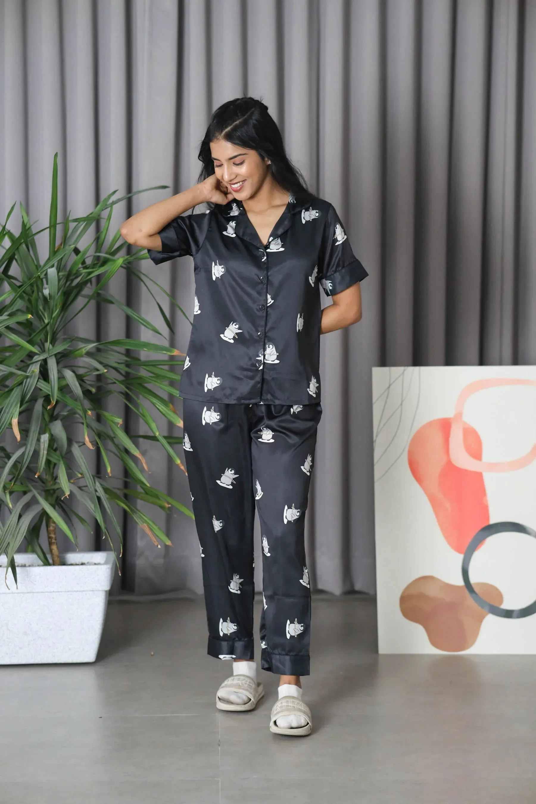 Night Wear Satin Black Color Penguin Printed  Night Suit