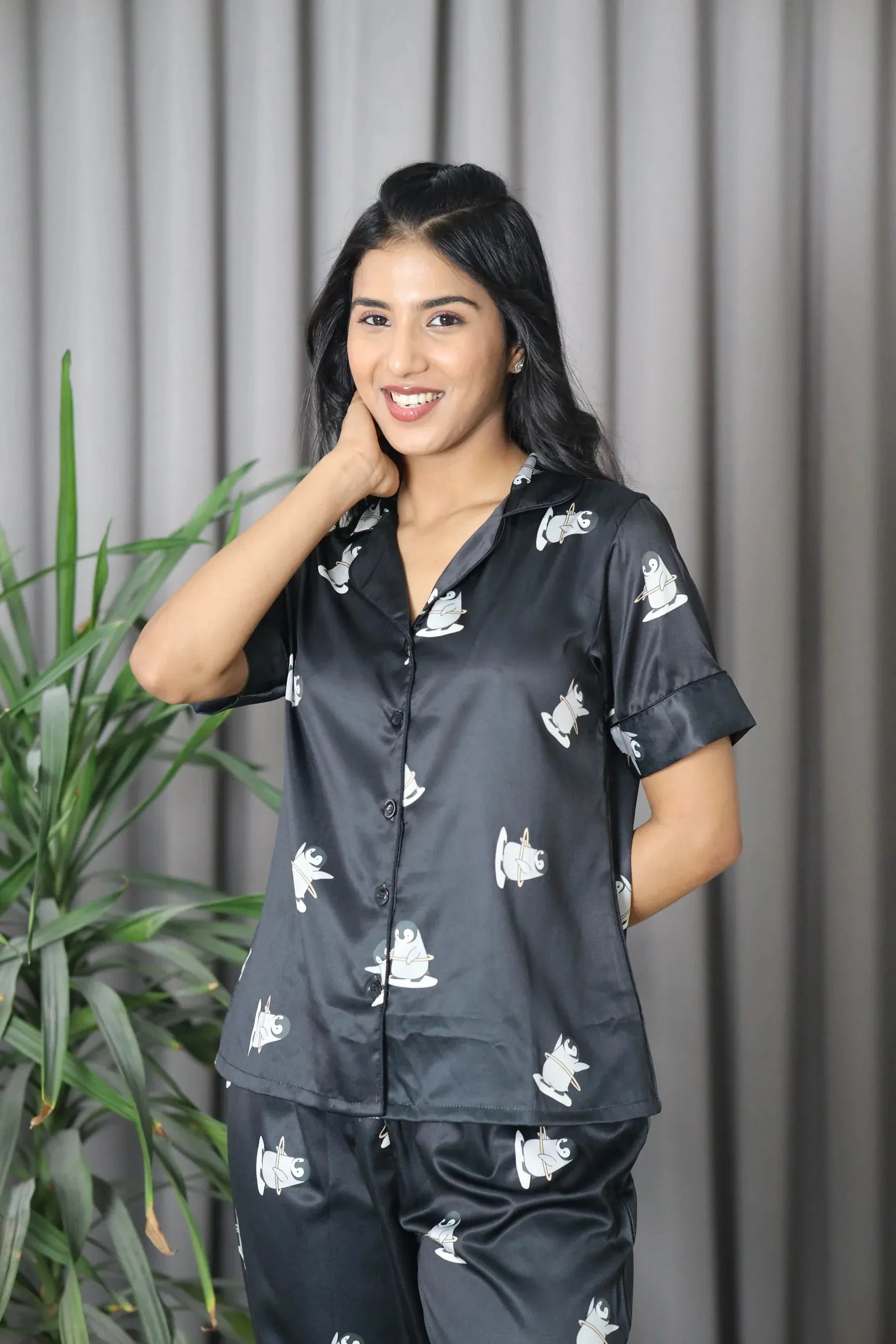 Night Wear Satin Black Color Penguin Printed  Night Suit