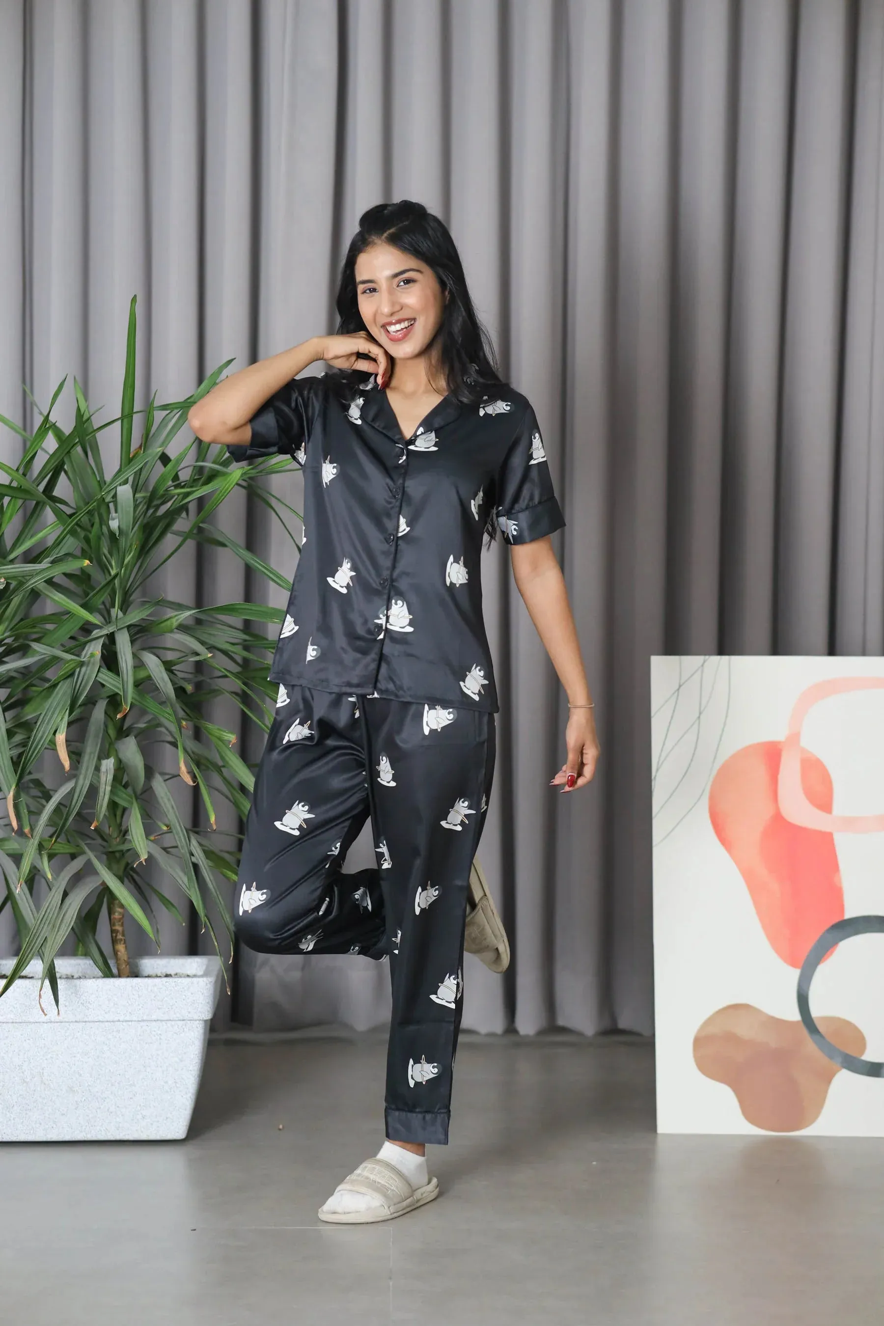 Night Wear Satin Black Color Penguin Printed  Night Suit