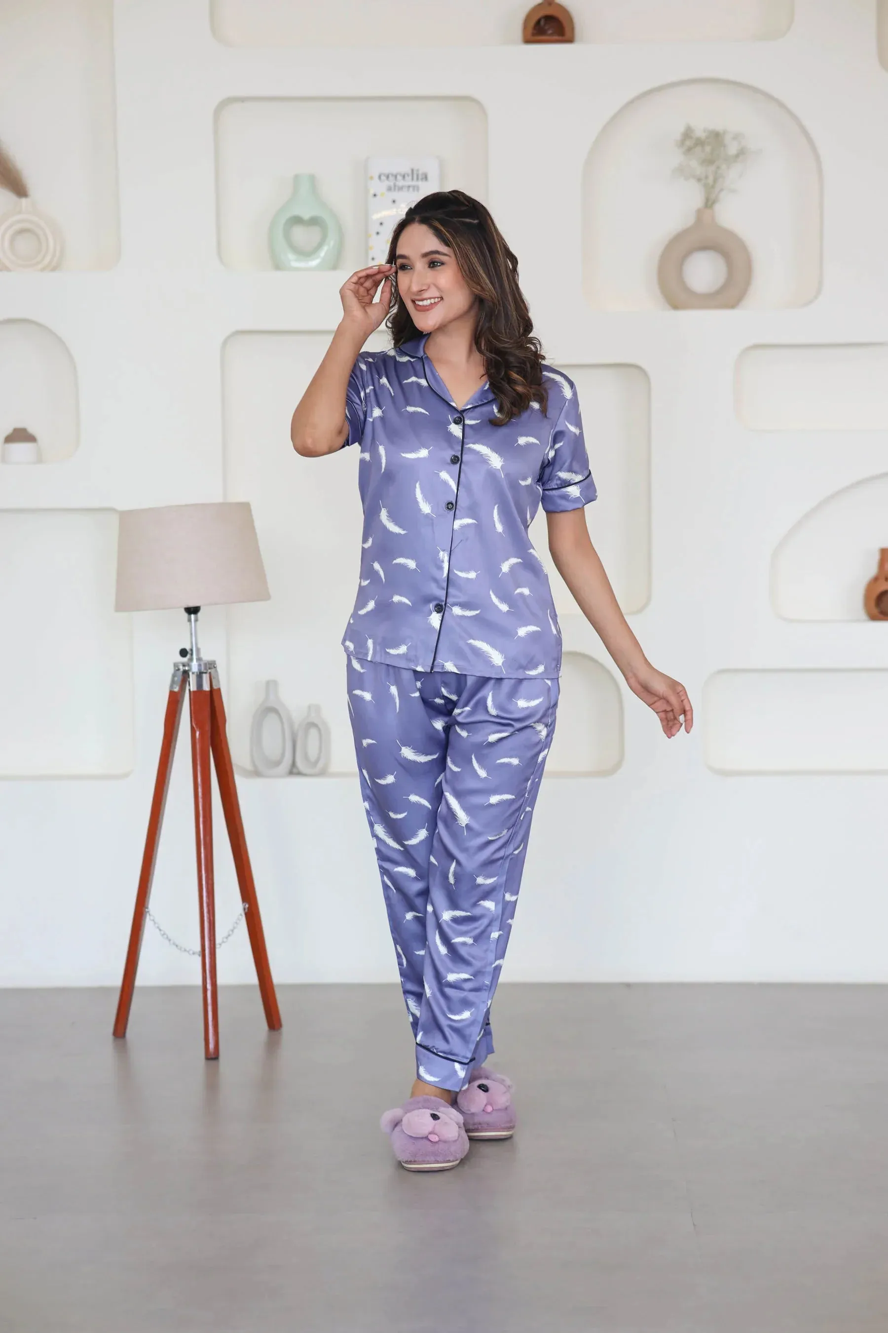 Night Wear Satin Lavender Color Feather Print Night Suit