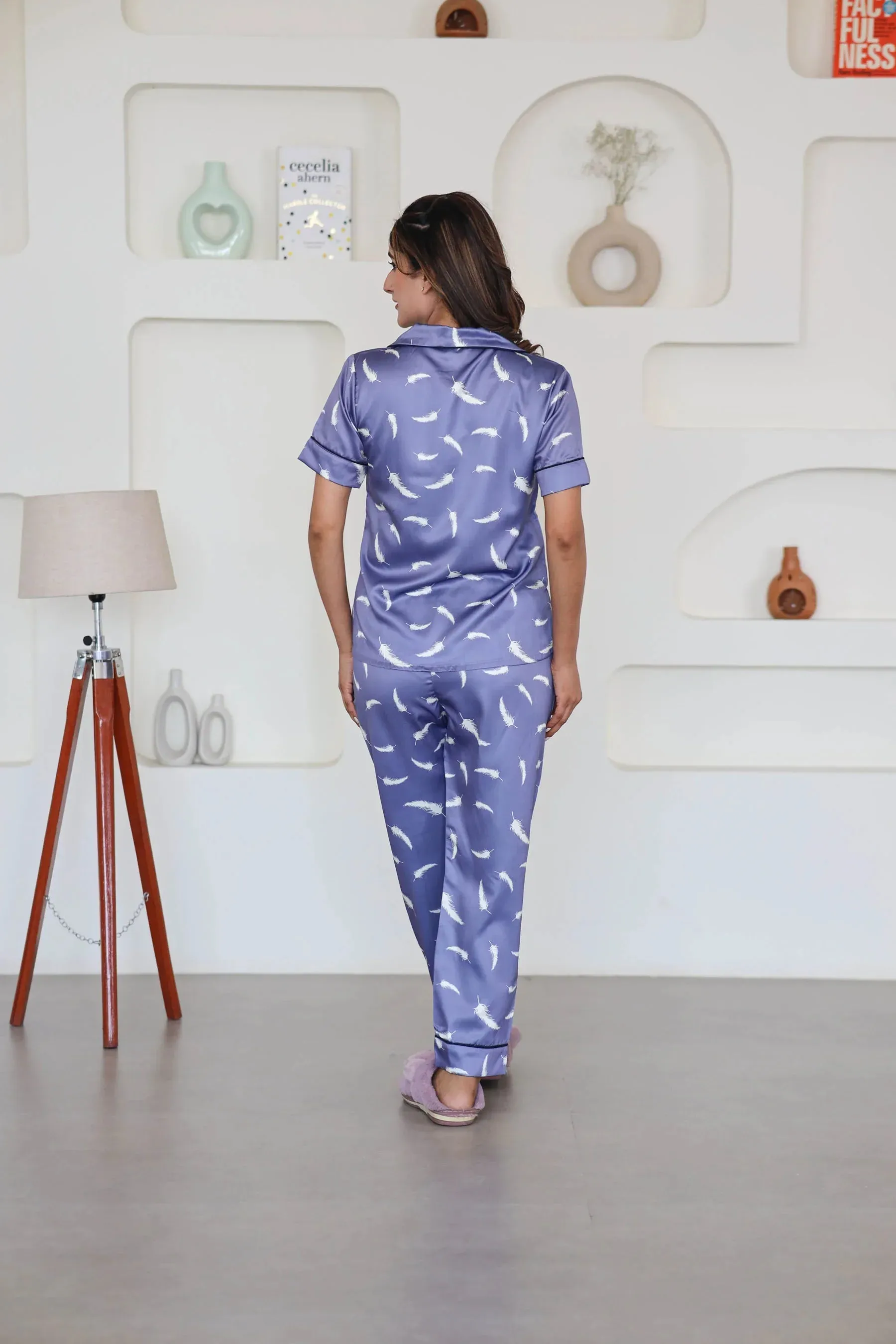 Night Wear Satin Lavender Color Feather Print Night Suit