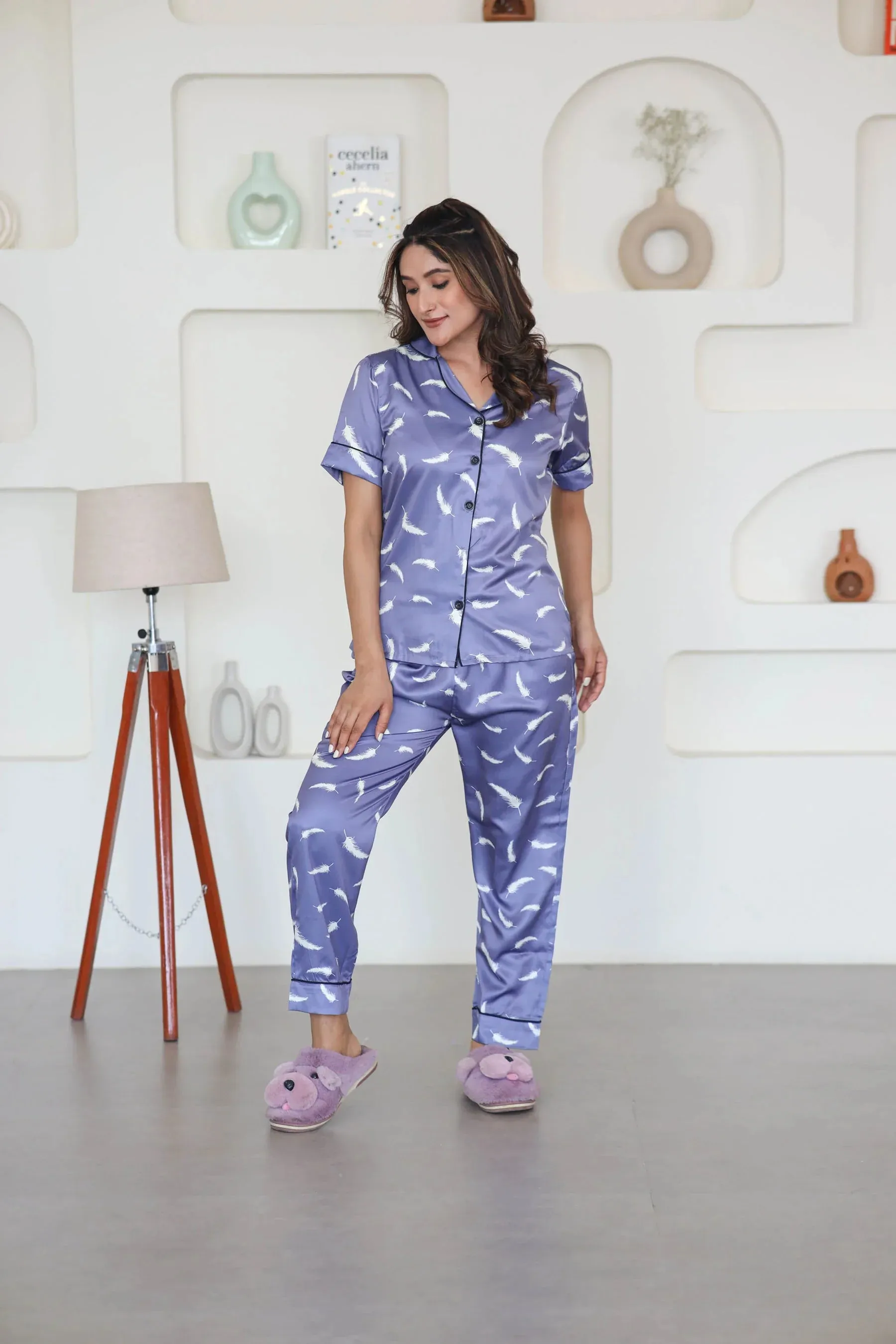 Night Wear Satin Lavender Color Feather Print Night Suit
