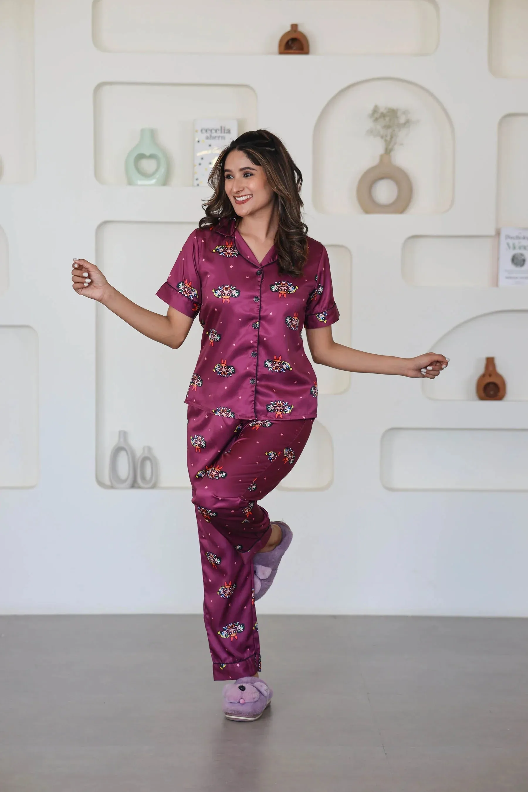 Night Wear Satin Maroon Color Power Puff Girl Cartoon Print Night Suit