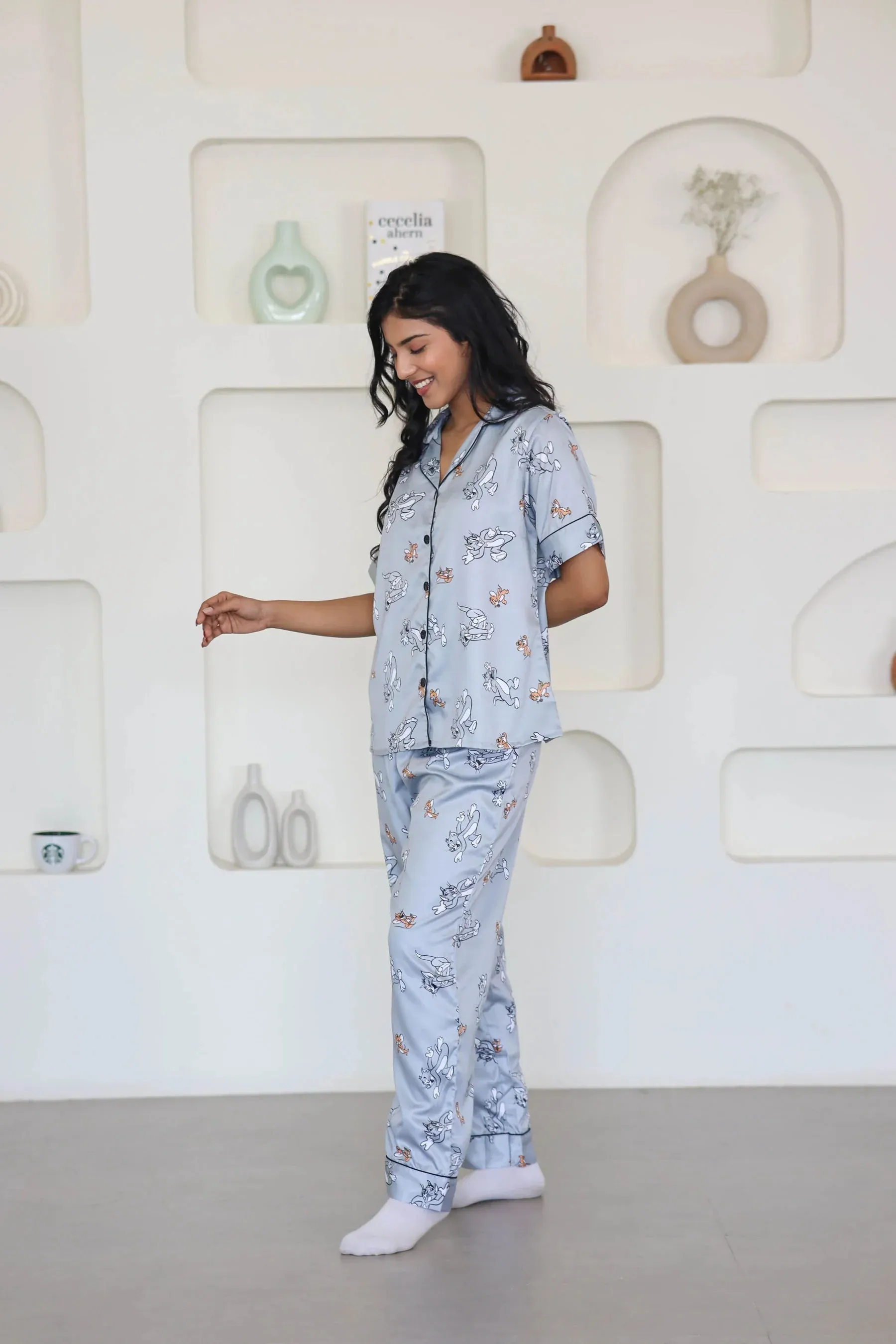 Night Wear Satin Pastel Grey Color Tom & Jerry Print Night Suit