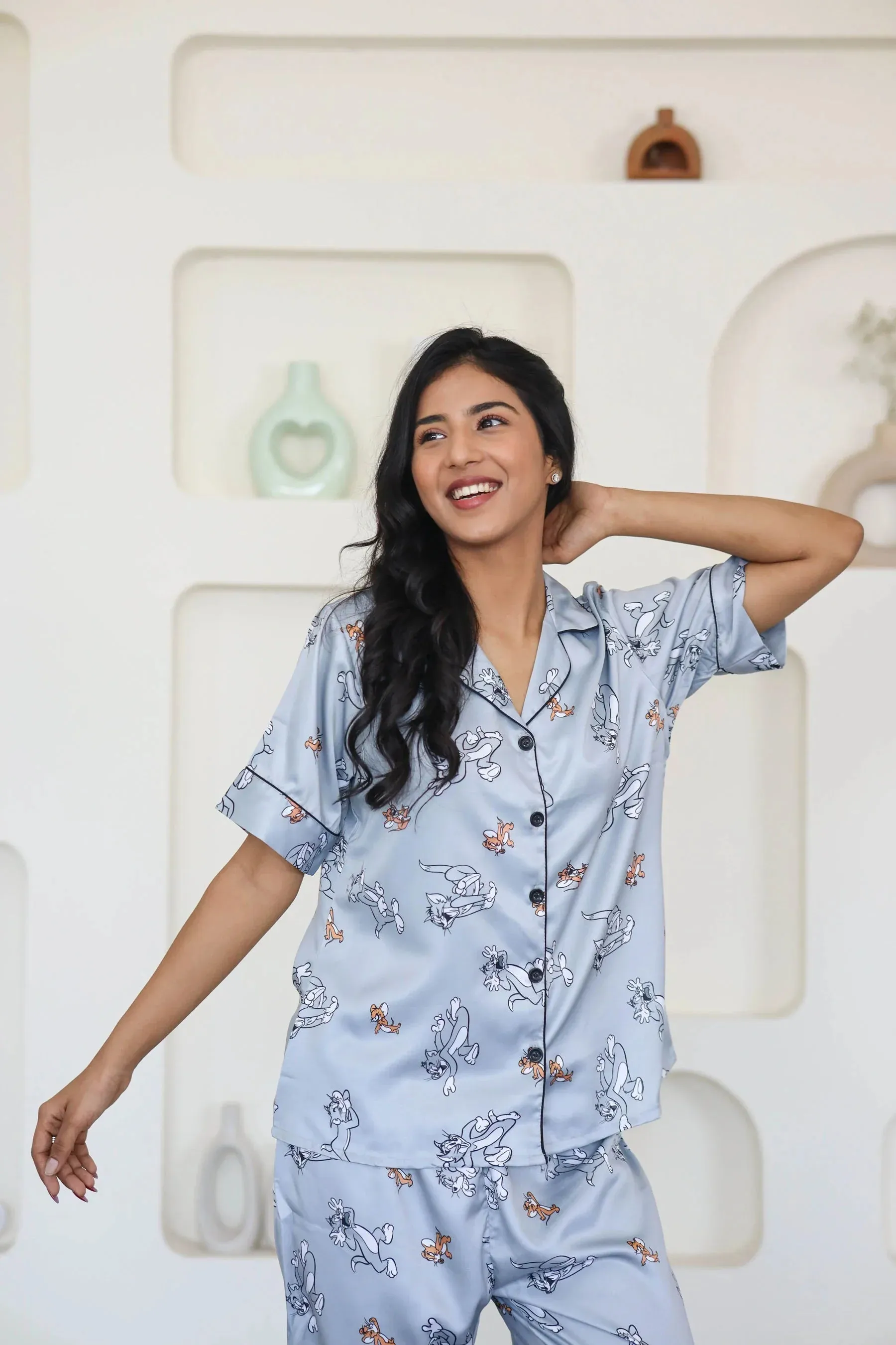 Night Wear Satin Pastel Grey Color Tom & Jerry Print Night Suit
