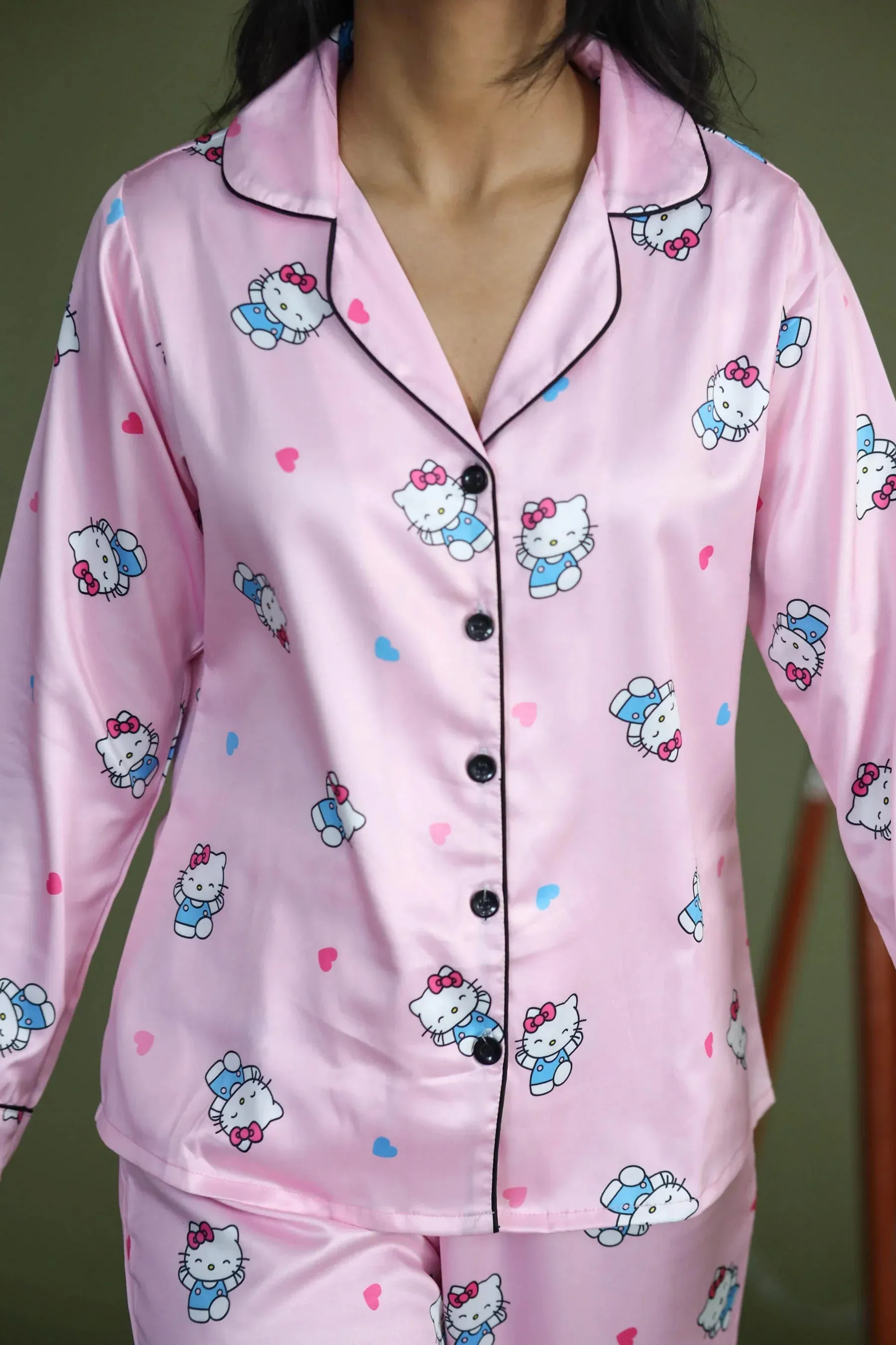Night Wear Satin Pastel Pink Color Hello Kitty Print  Night Suit