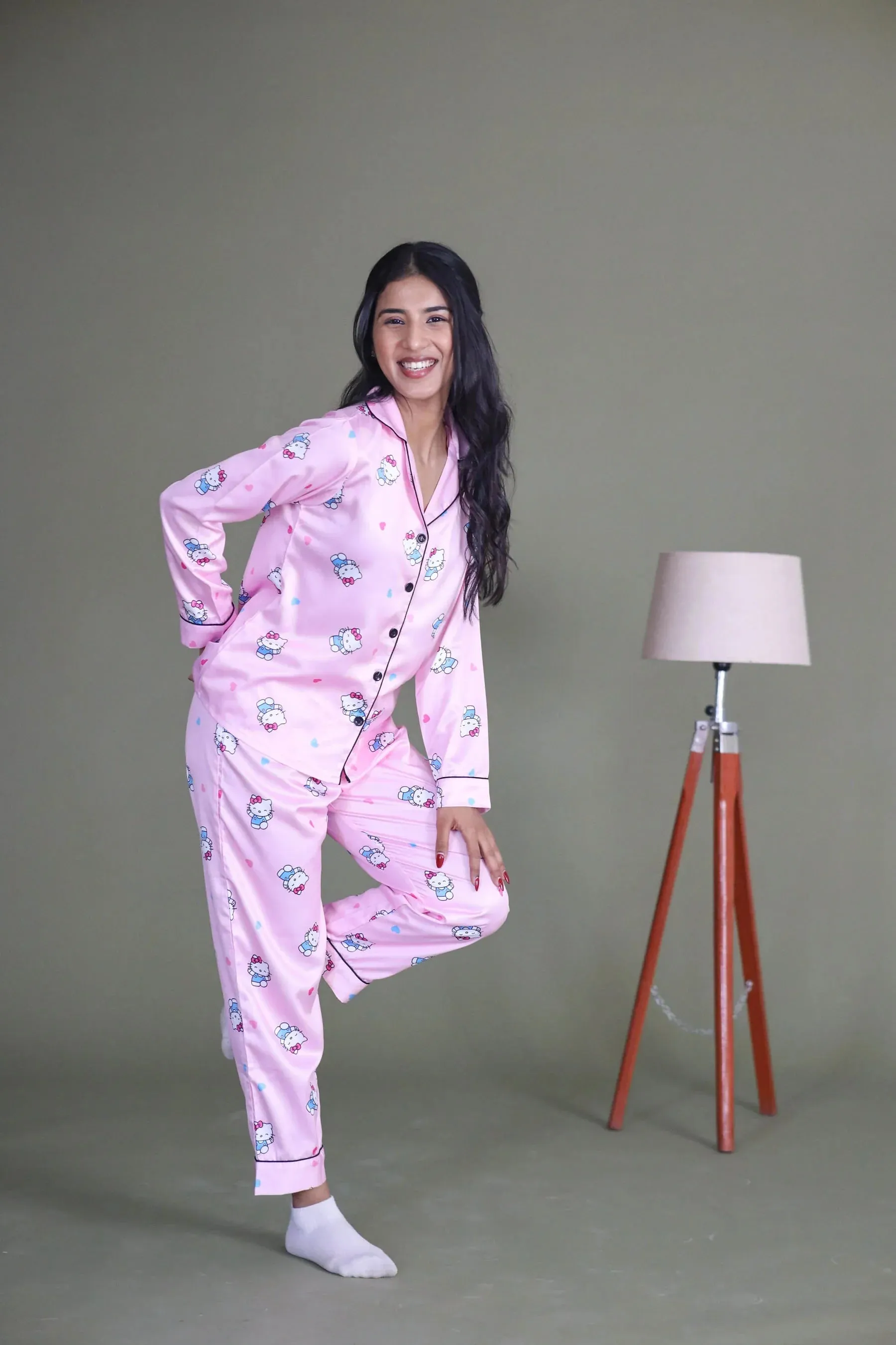Night Wear Satin Pastel Pink Color Hello Kitty Print  Night Suit