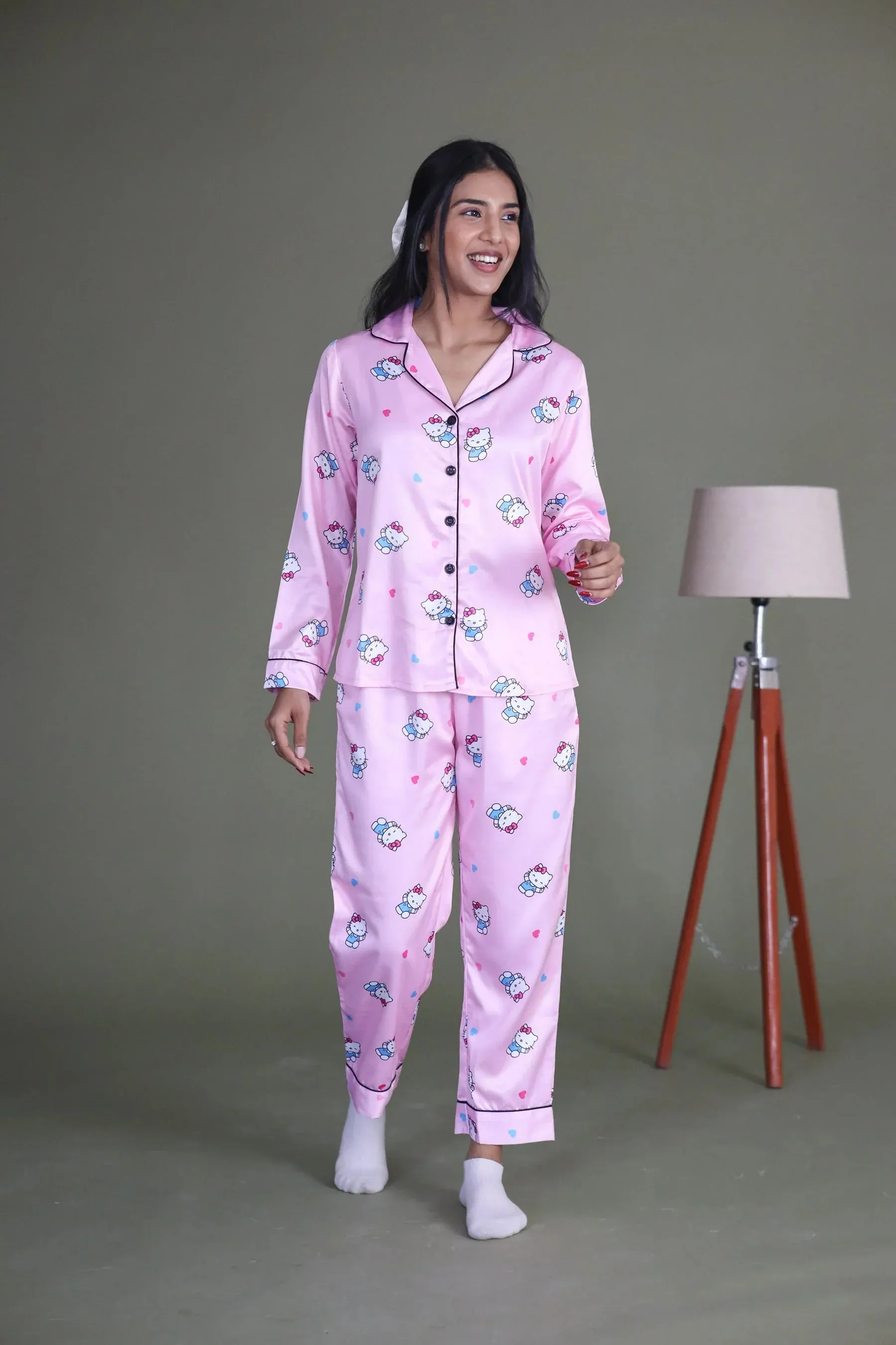 Night Wear Satin Pastel Pink Color Hello Kitty Print  Night Suit