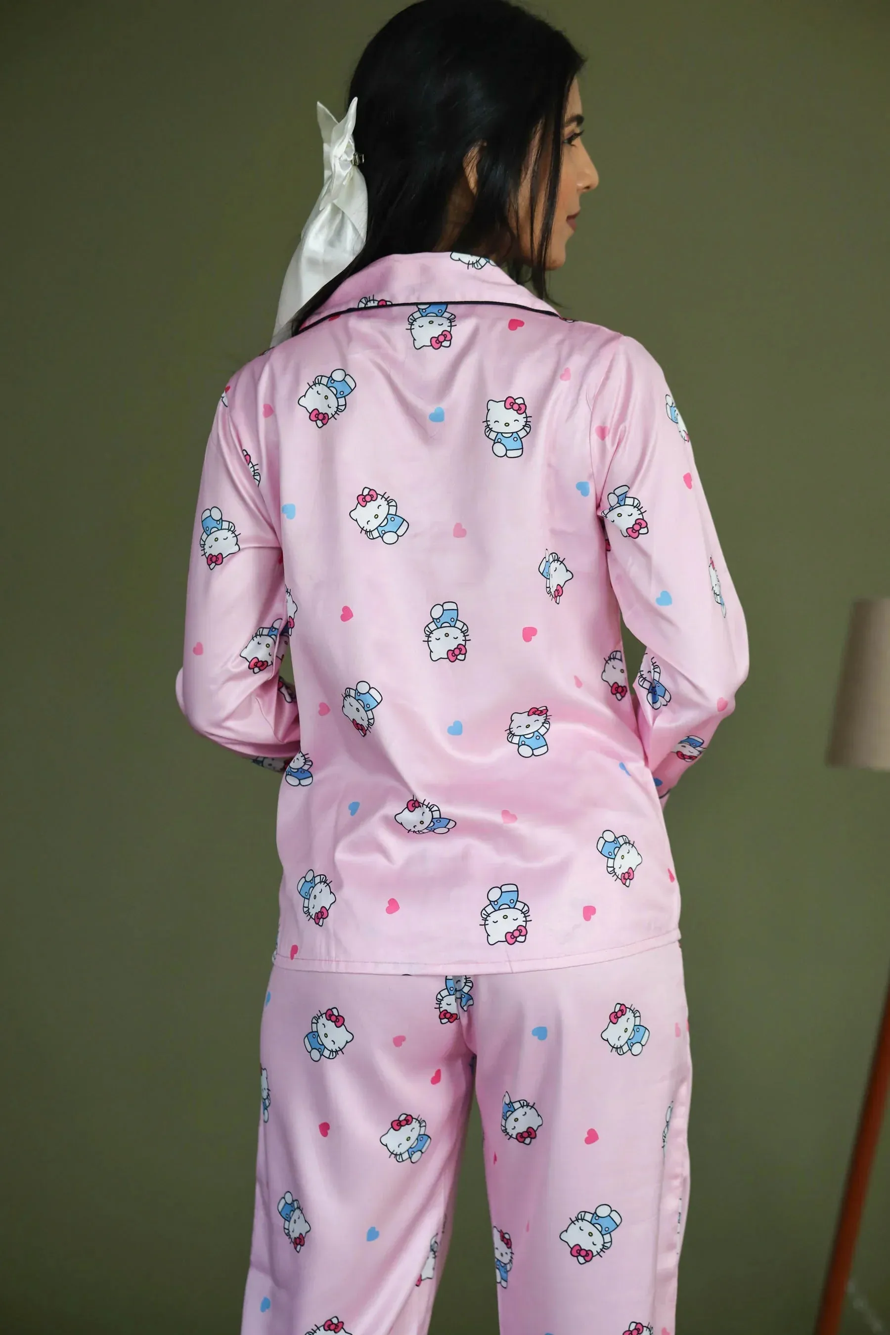 Night Wear Satin Pastel Pink Color Hello Kitty Print  Night Suit