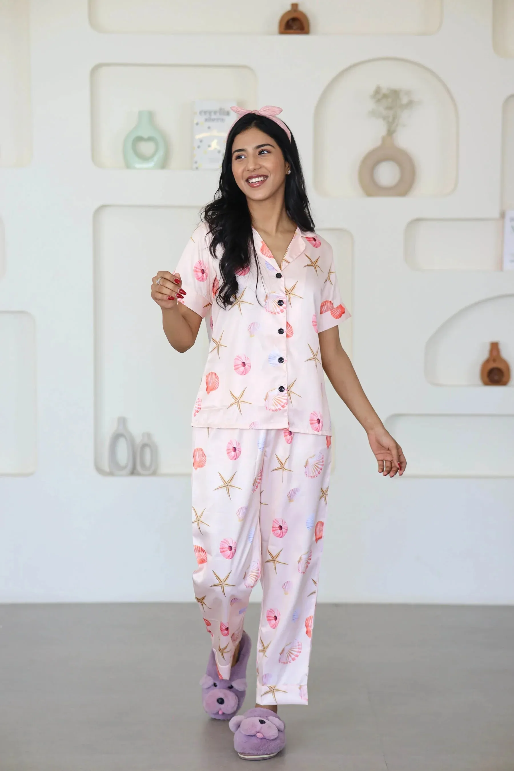 Night Wear Satin Pastel Pink Color Seashells Print Night Suit
