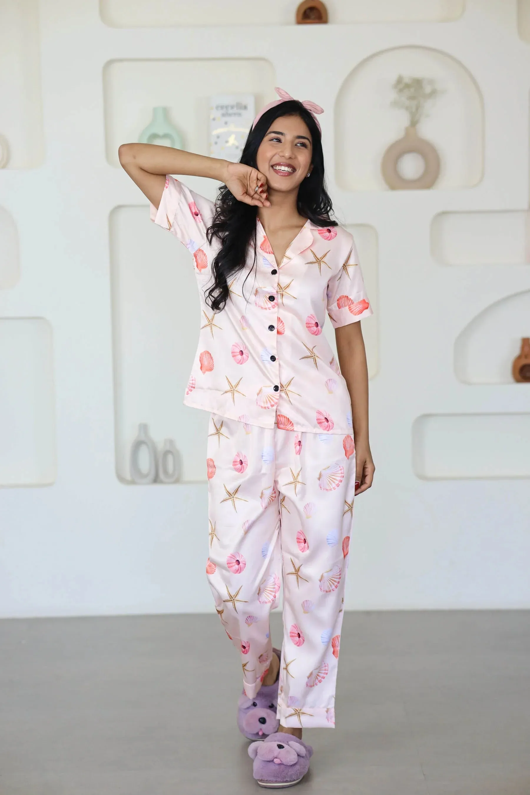 Night Wear Satin Pastel Pink Color Seashells Print Night Suit