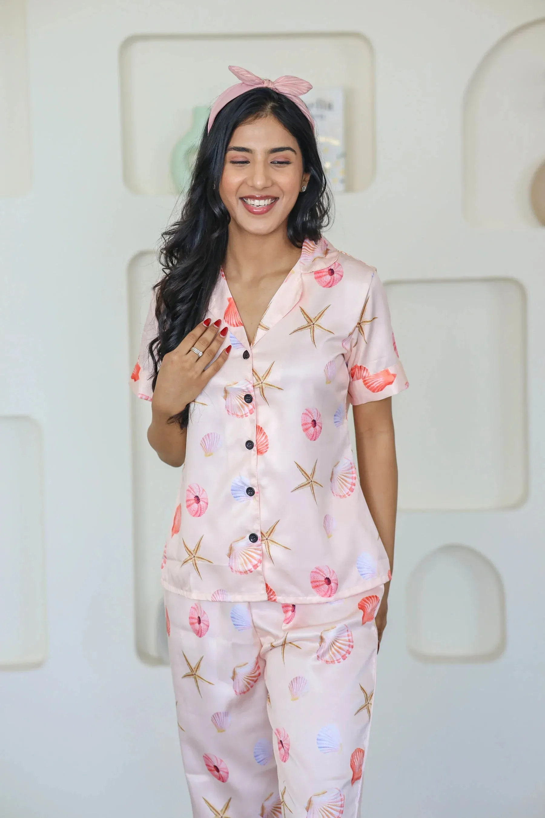 Night Wear Satin Pastel Pink Color Seashells Print Night Suit