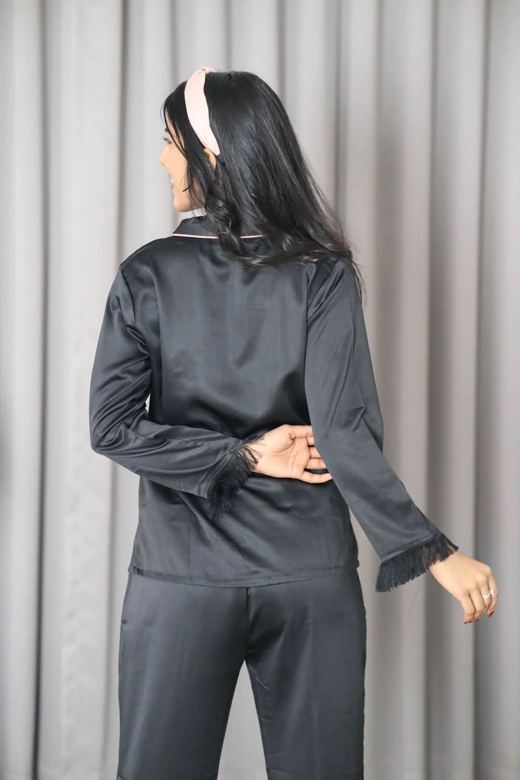 Night Wear Satin Shawl Collar Black Color Night Suit (Copy)