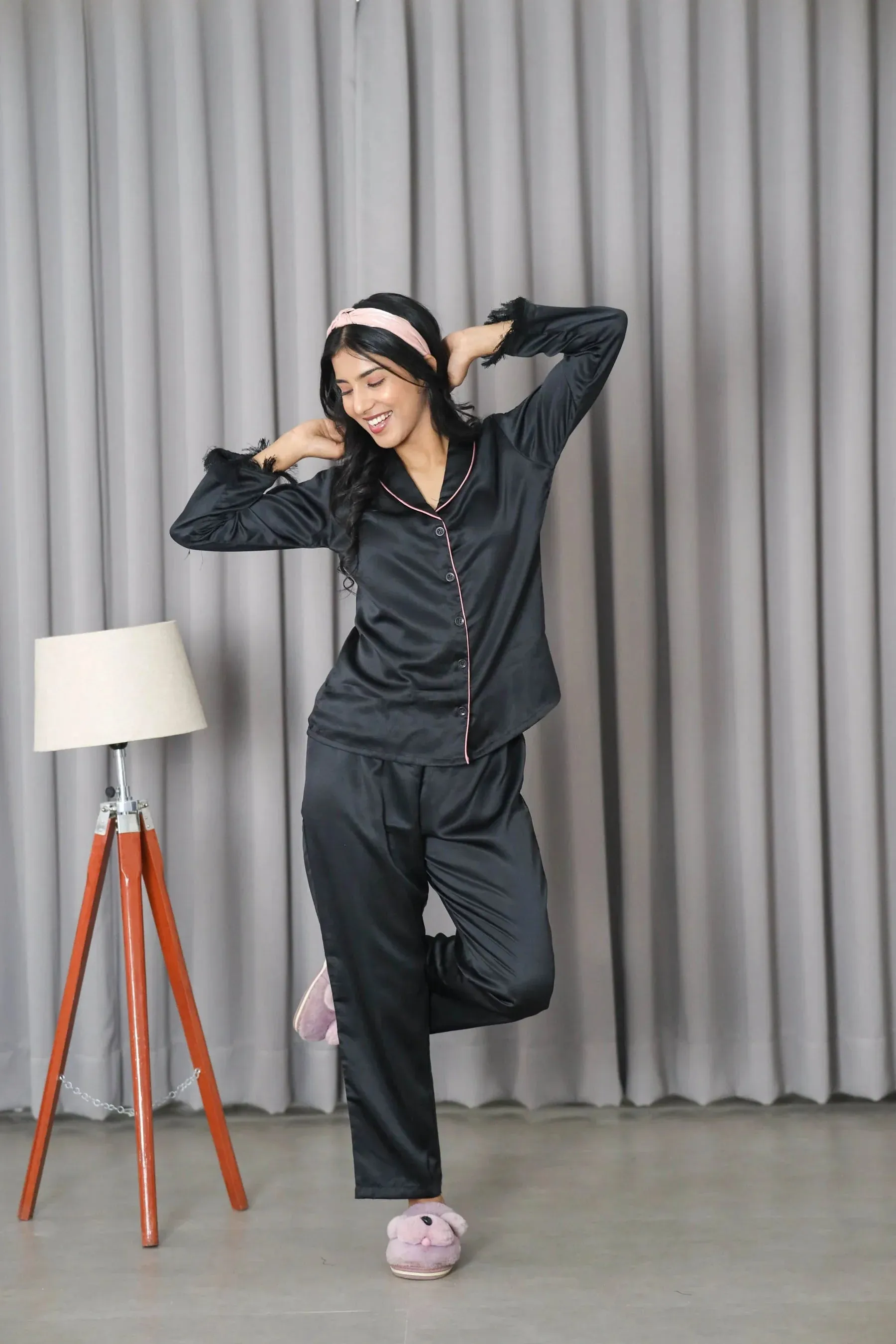 Night Wear Satin Shawl Collar Black Color Night Suit (Copy)