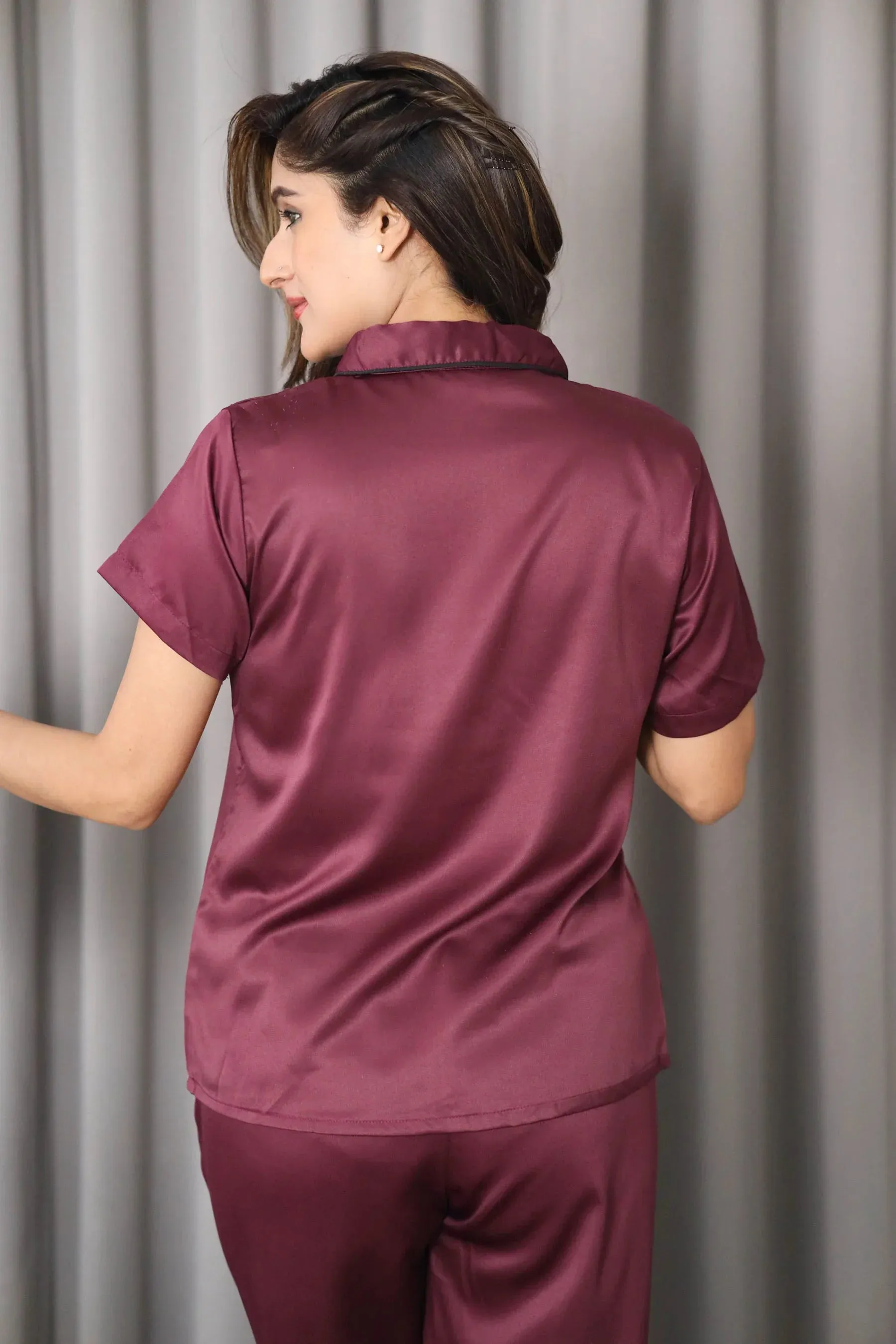 Night Wear Satin Shawl Collar Wine Color Night Suit