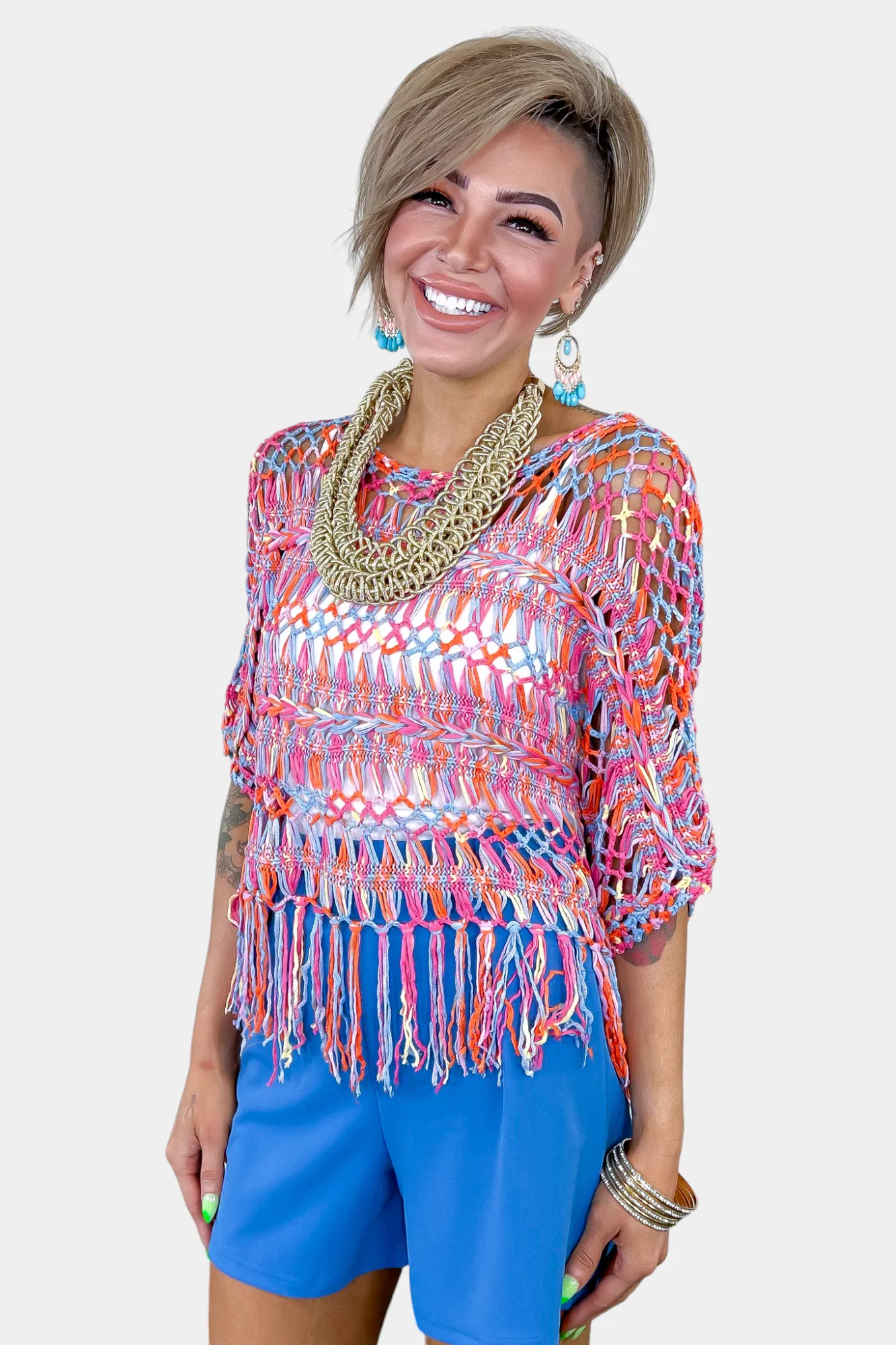 Orange Open Knit Fringe Top