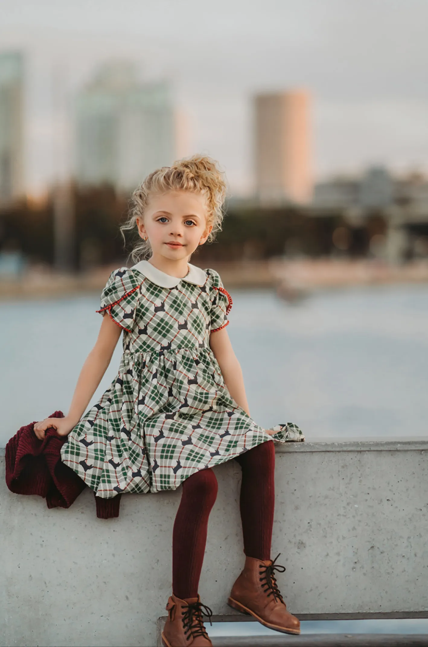Scotty Dog Twirl Dress with Tulip Sleeves and Pom Pom Trim
