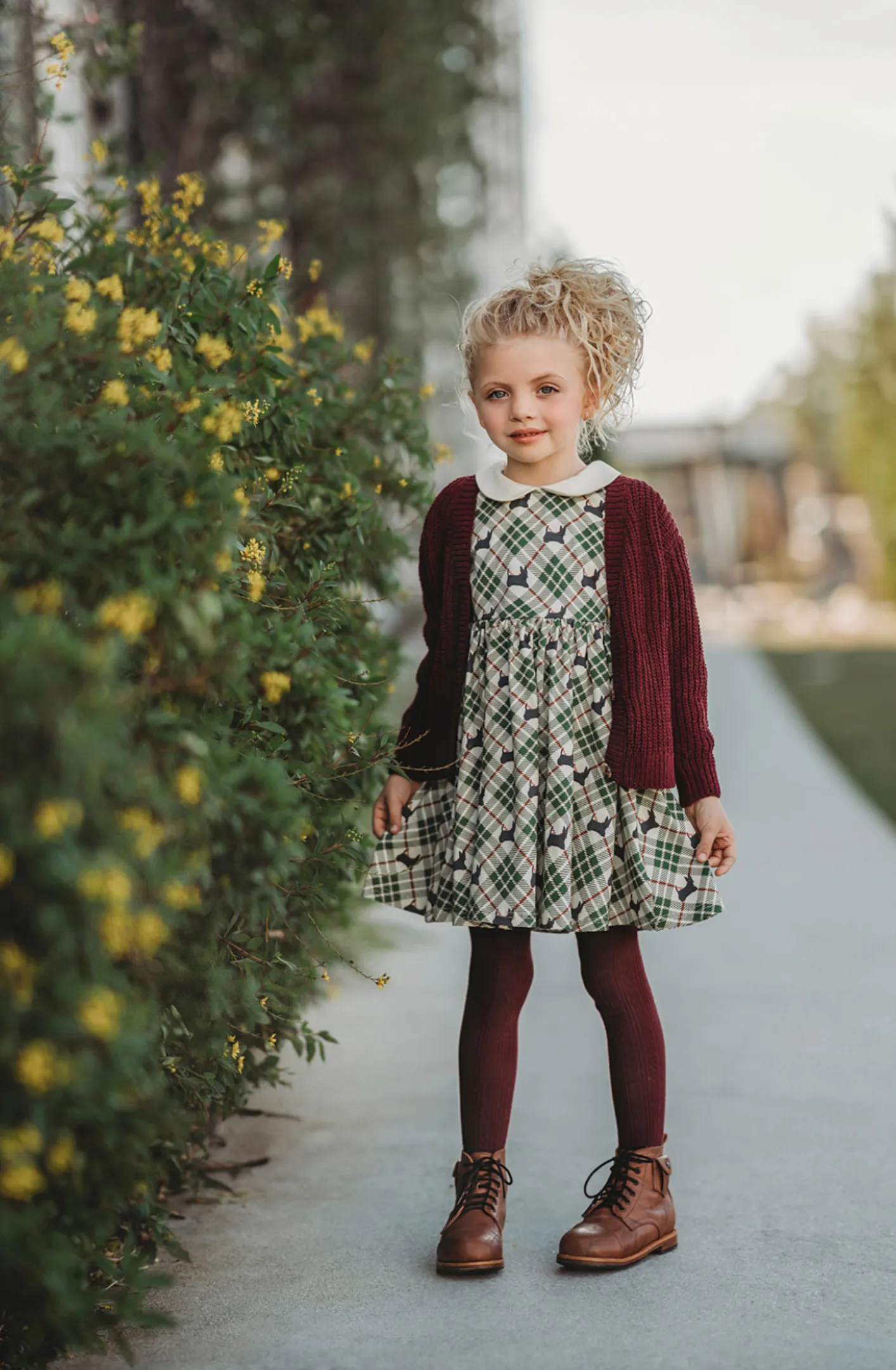 Scotty Dog Twirl Dress with Tulip Sleeves and Pom Pom Trim