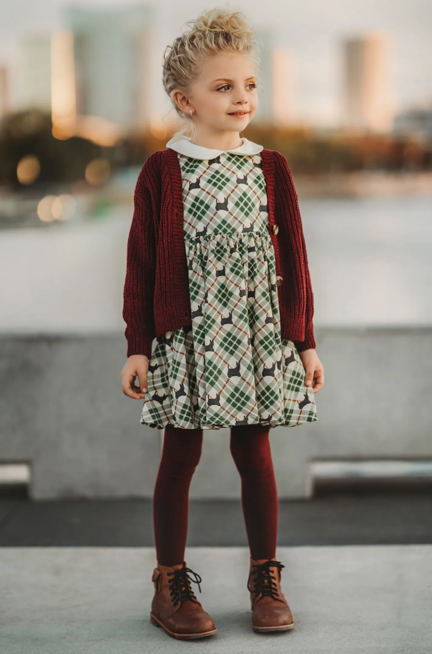 Scotty Dog Twirl Dress with Tulip Sleeves and Pom Pom Trim