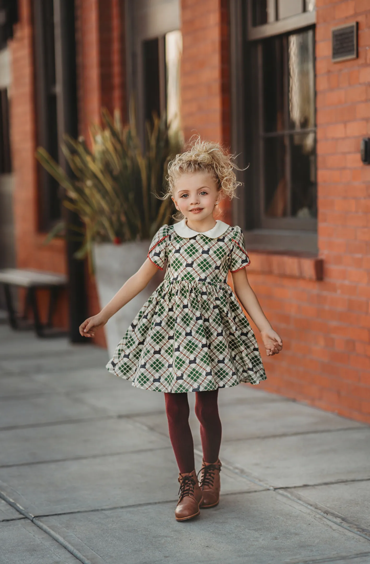 Scotty Dog Twirl Dress with Tulip Sleeves and Pom Pom Trim