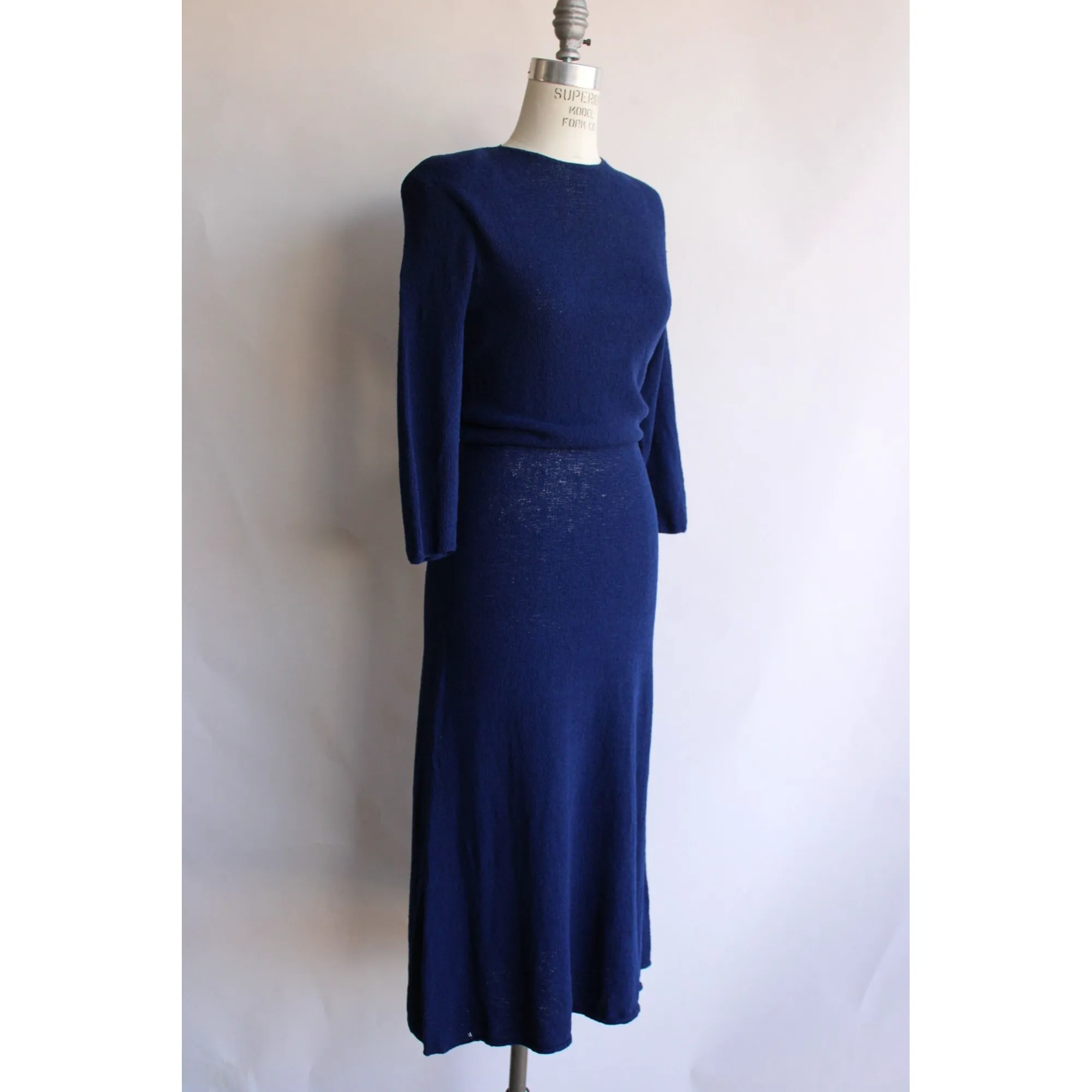 Vintage 1940s Navy Blue Sweater Dress with Shoulder Pads