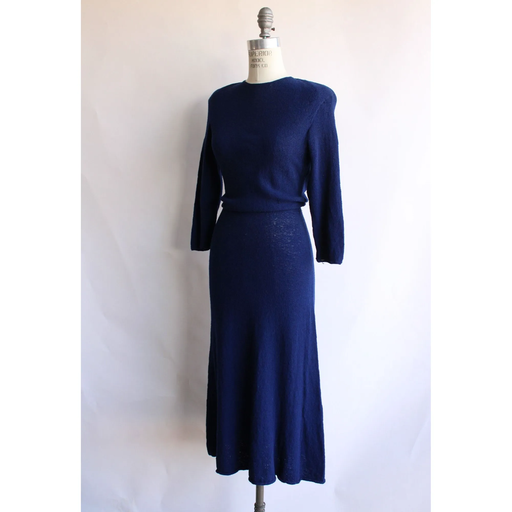Vintage 1940s Navy Blue Sweater Dress with Shoulder Pads