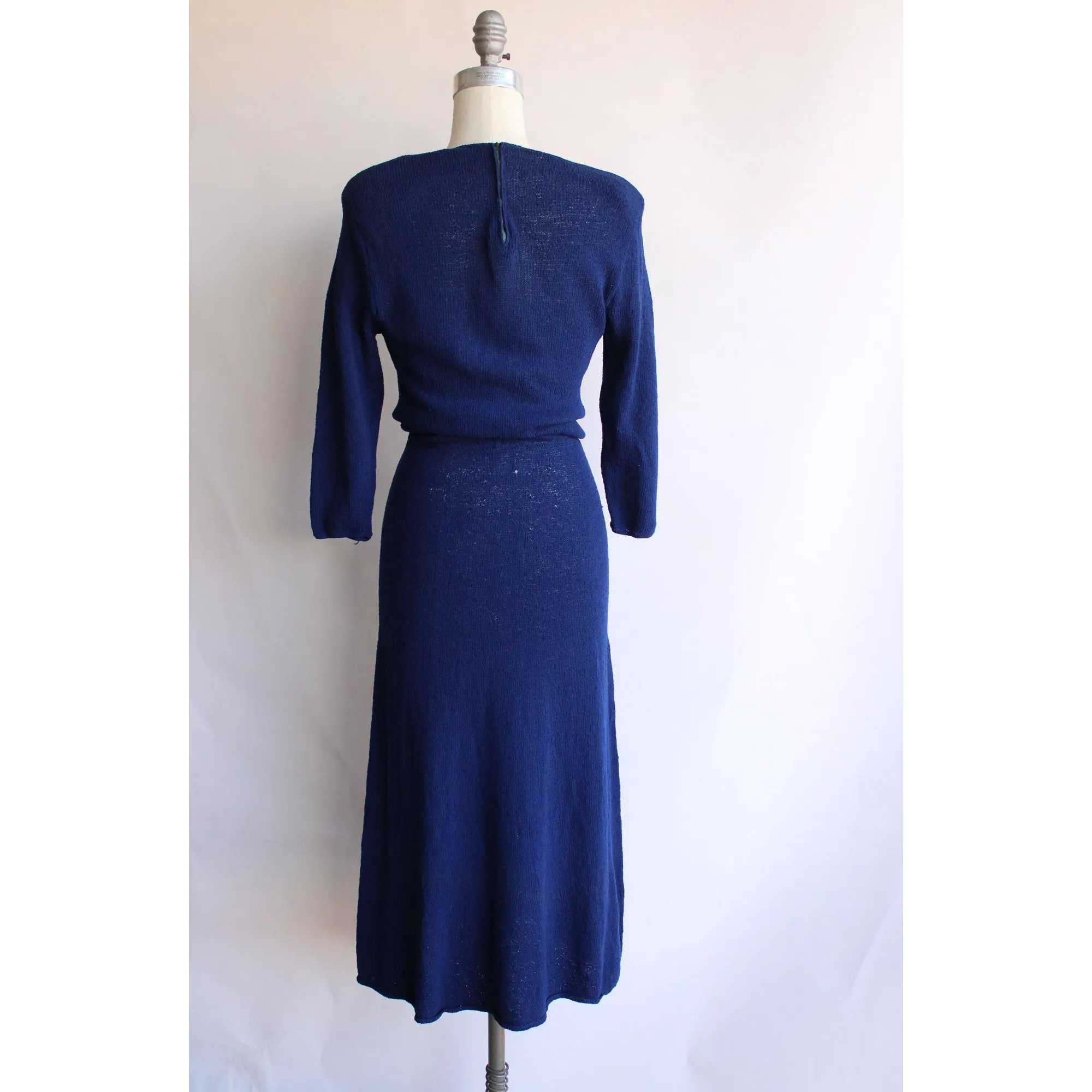 Vintage 1940s Navy Blue Sweater Dress with Shoulder Pads