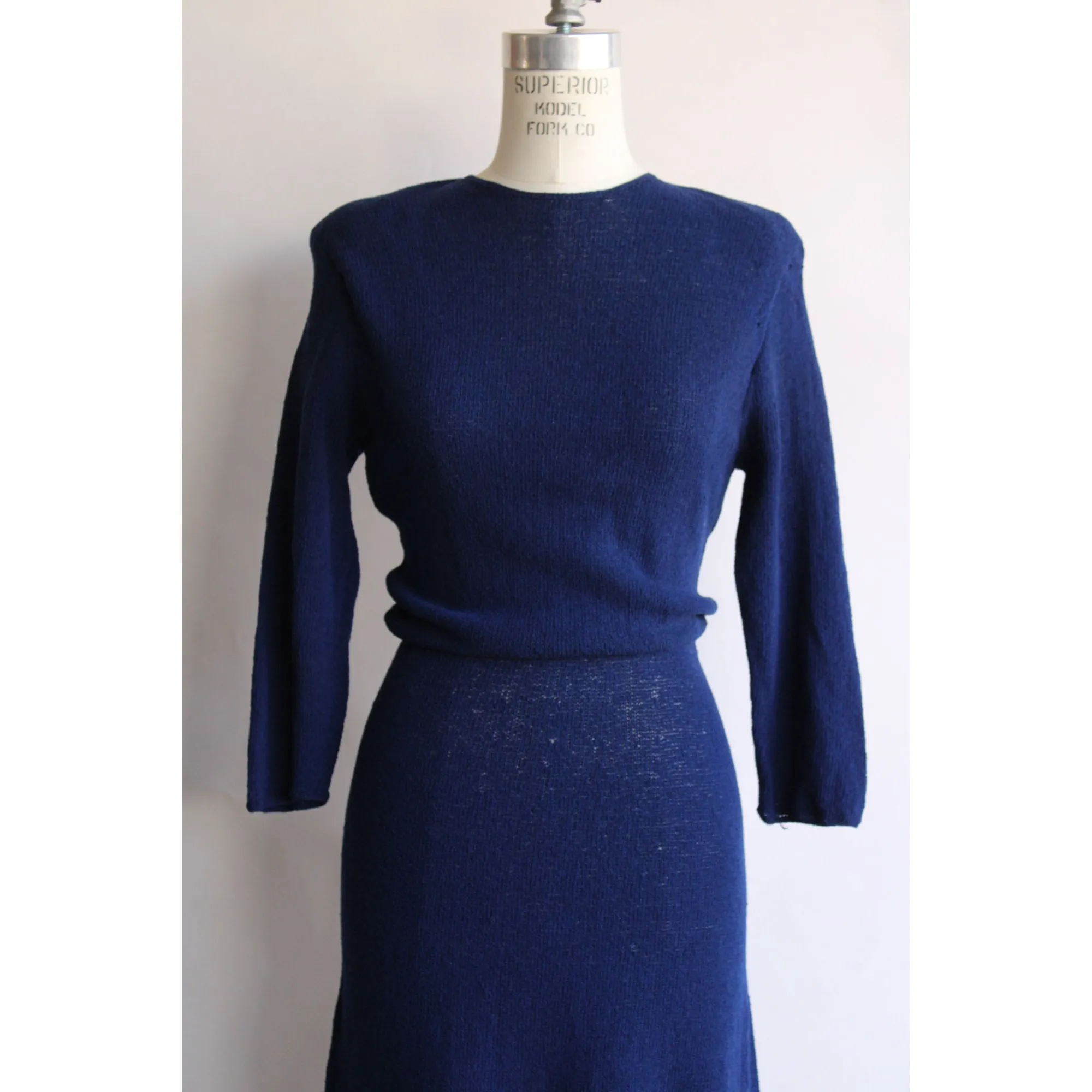 Vintage 1940s Navy Blue Sweater Dress with Shoulder Pads
