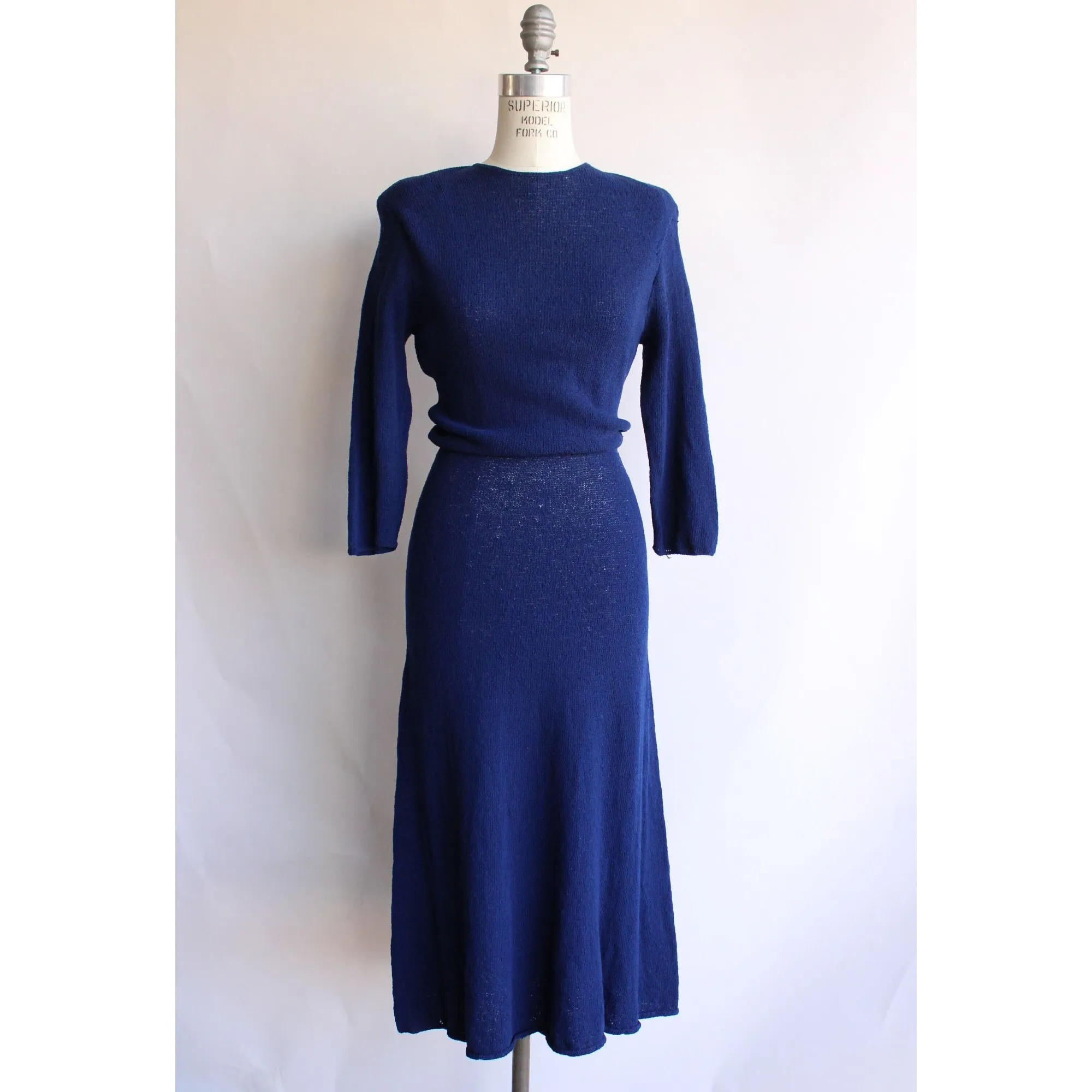 Vintage 1940s Navy Blue Sweater Dress with Shoulder Pads