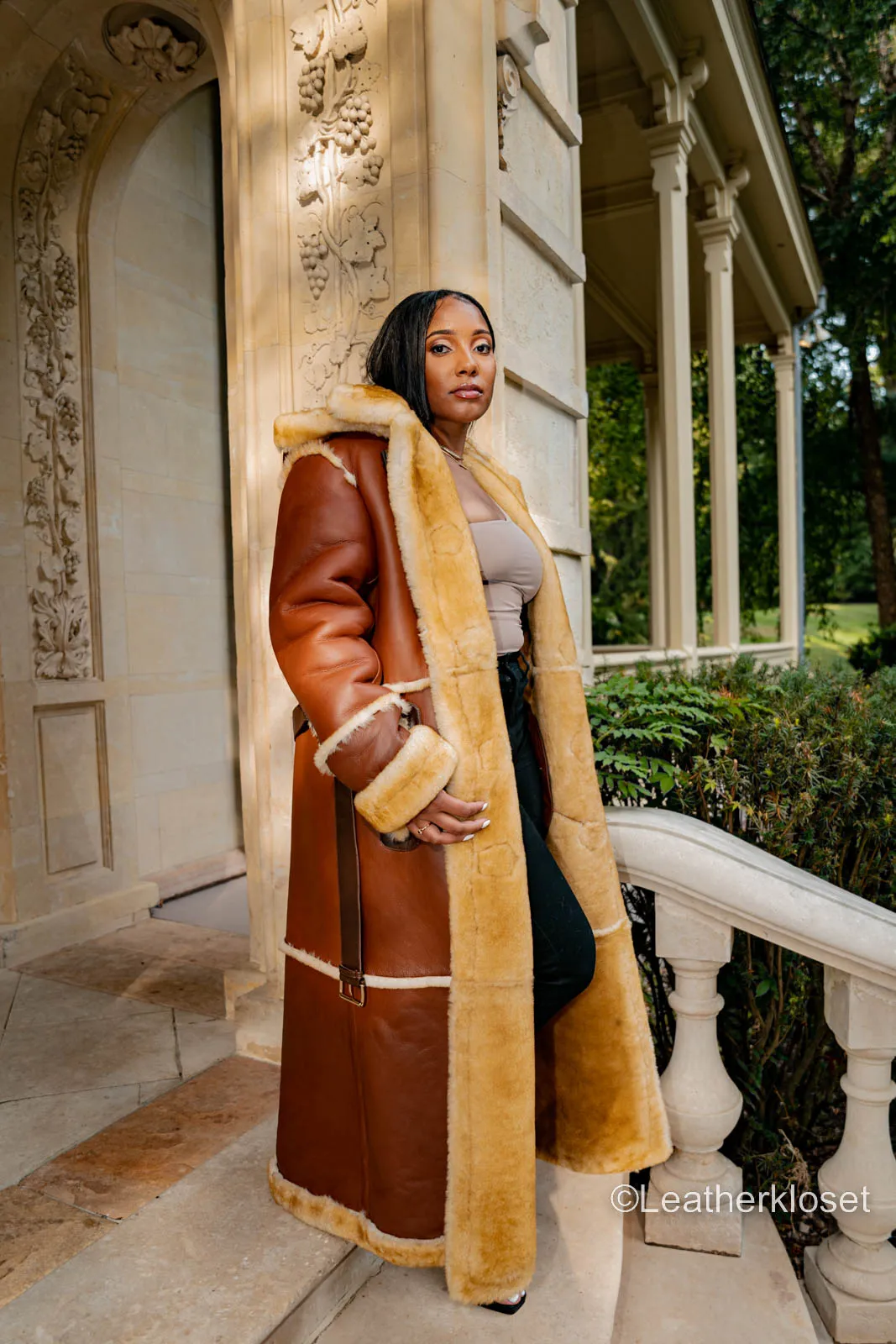 Women's Full Length Real Sheepskin Trench Coat