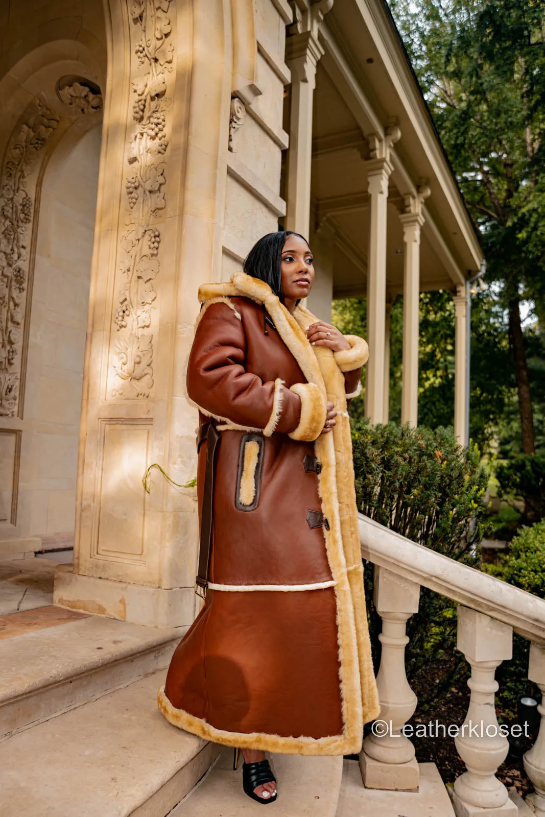 Women's Full Length Real Sheepskin Trench Coat
