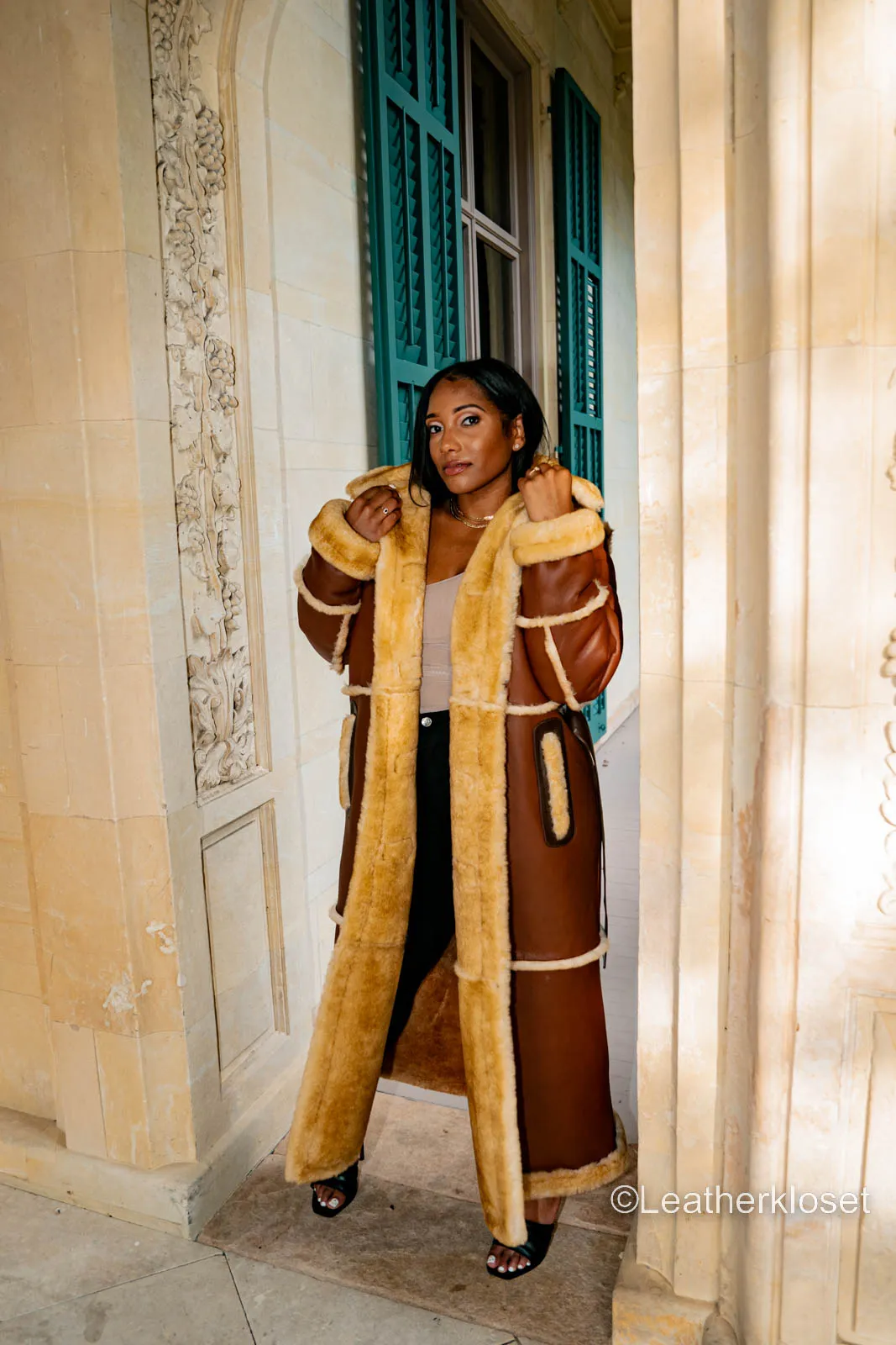 Women's Full Length Real Sheepskin Trench Coat